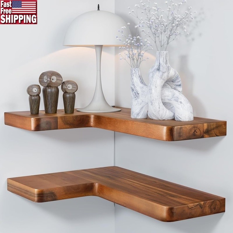 L-Shape Floating Shelves Acacia Wood Heavy Duty Corner Storage Solution New