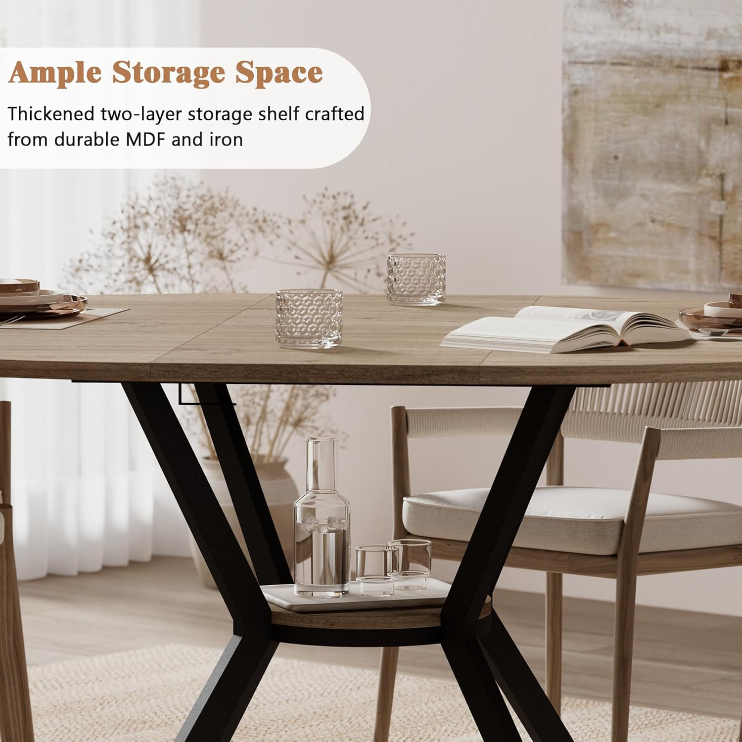 Extendable Round Dining Table with Storage Shelf for Small Spaces, Seats 4-6