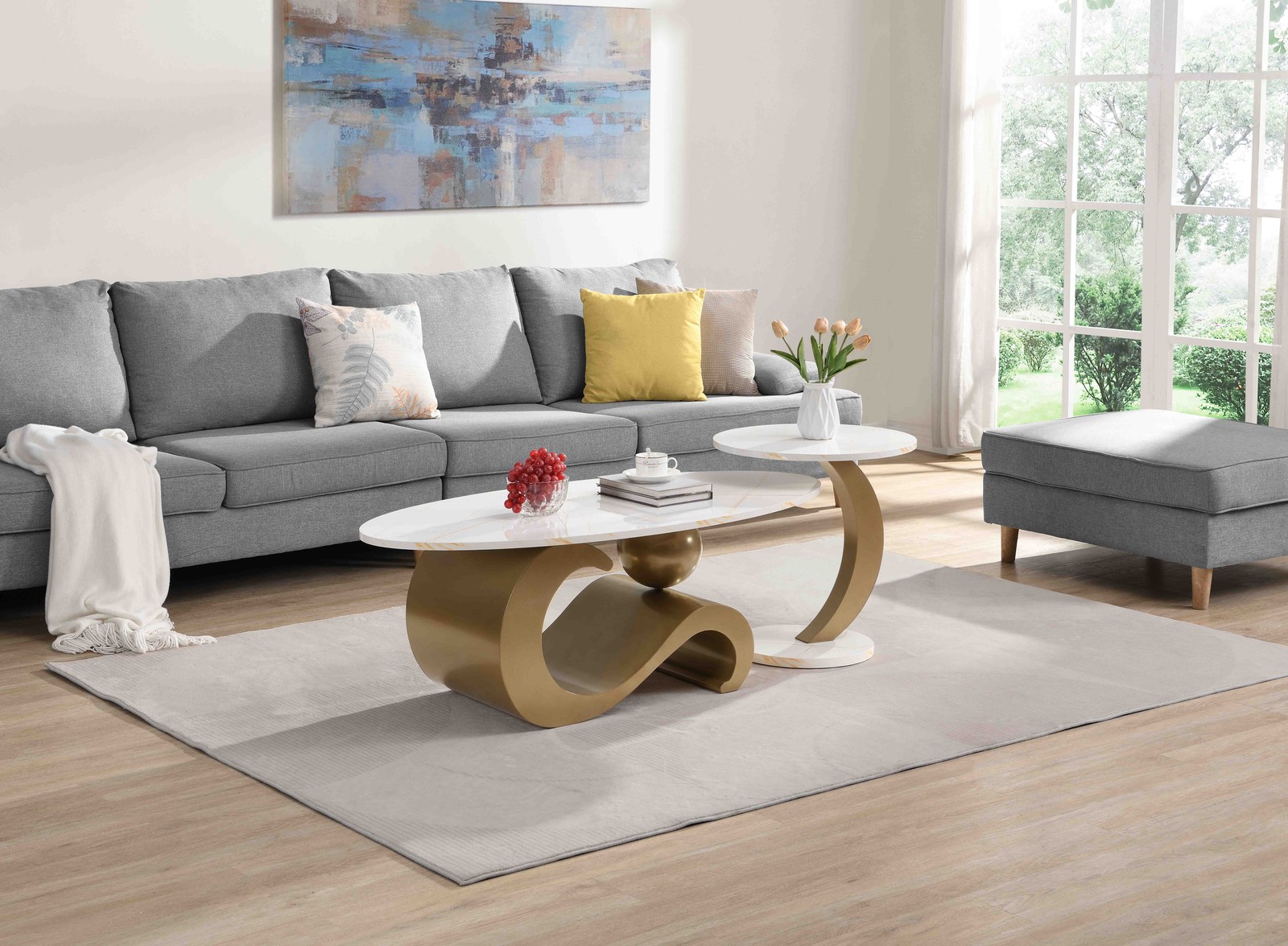 Nesting Coffee Table Set of 2 Oval Round Faux Marble Gold Metal End Tables