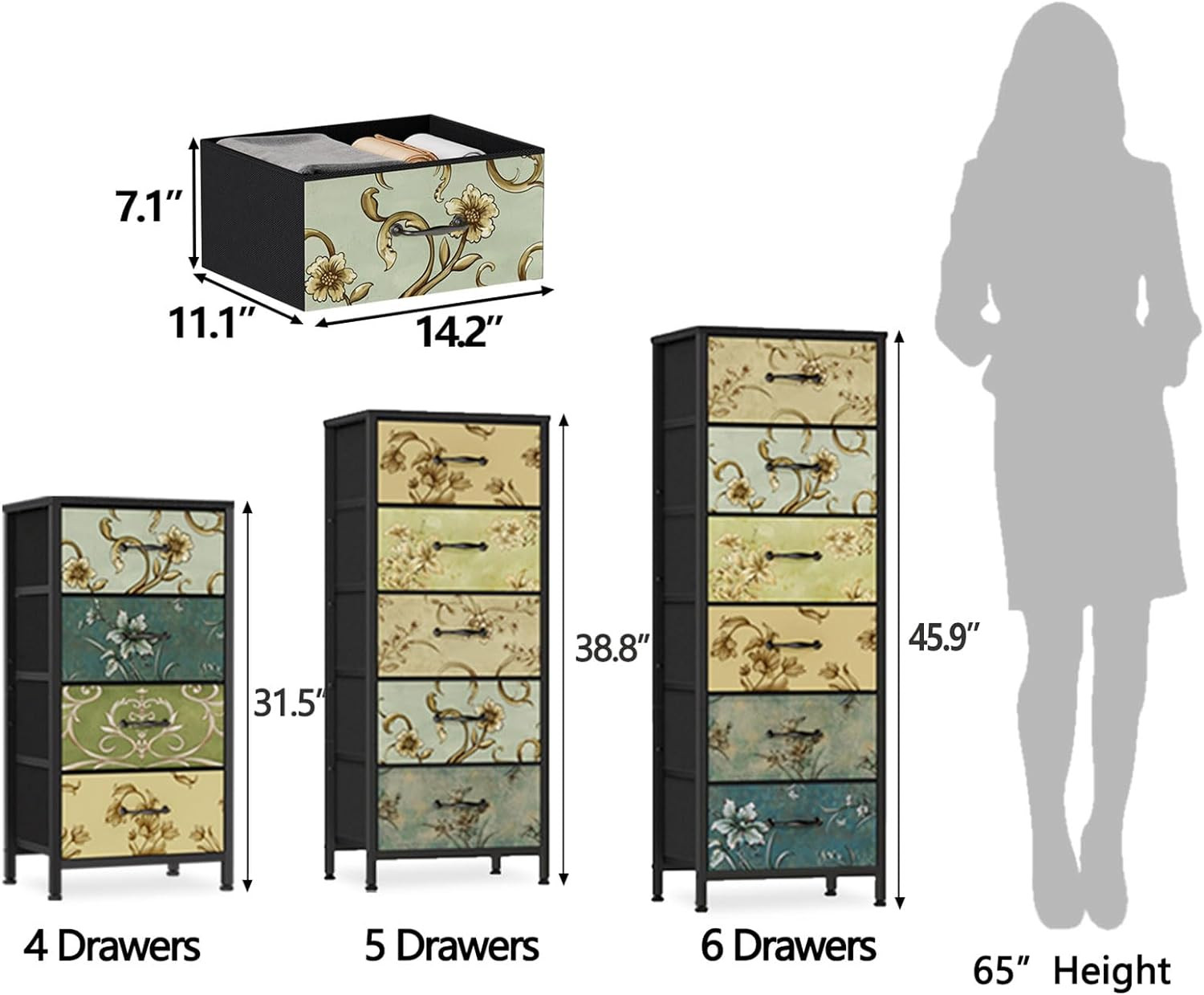Vertical Dresser for Bedroom, Tall Skinny Storage Tower with 5 Fabric Drawers, C