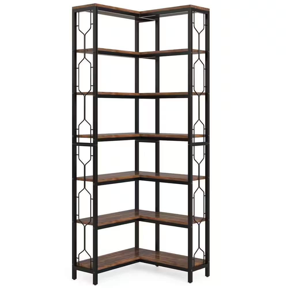 Eulas 78.7 In. Tall Rustic Brown Wood 14-Shelf Corner Bookcase, 7-Tier Industria