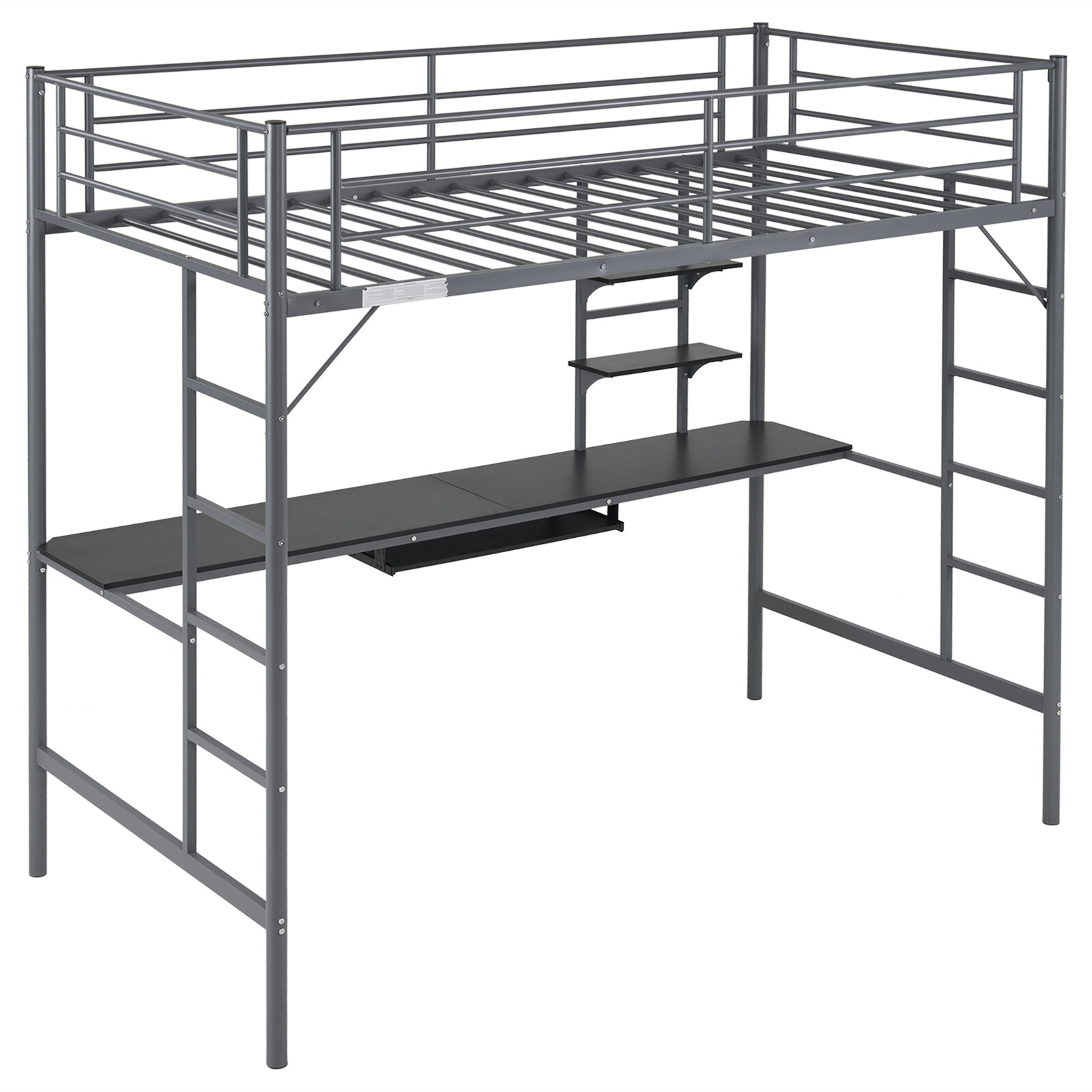 Twin Size Metal Loft Bed with Desk and Storage Shelves 2 Built-in Ladder Grey