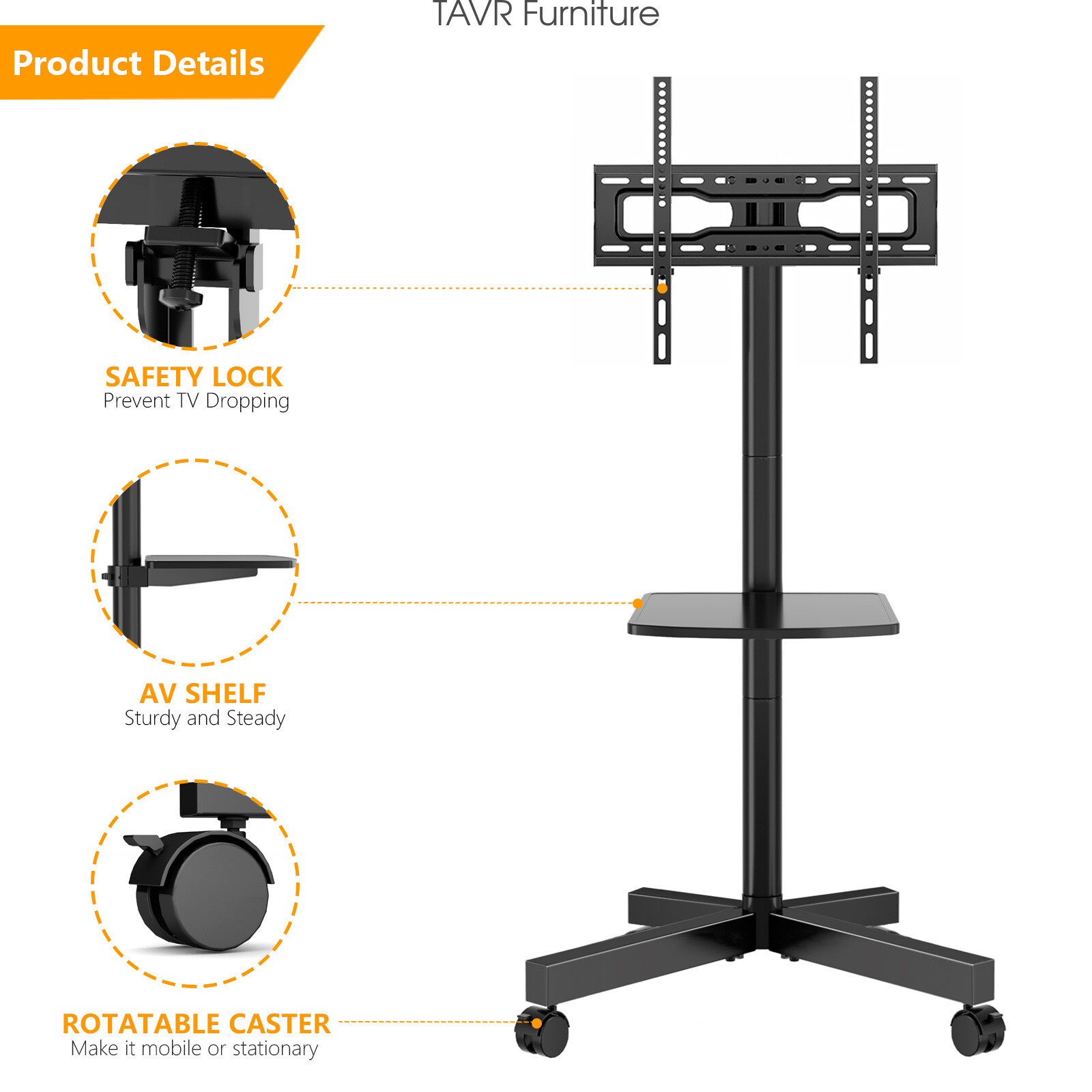 Modern Rolling TV Stand Mobile TV Cart for 32 to 60 inch Flat Panel TVs in Black