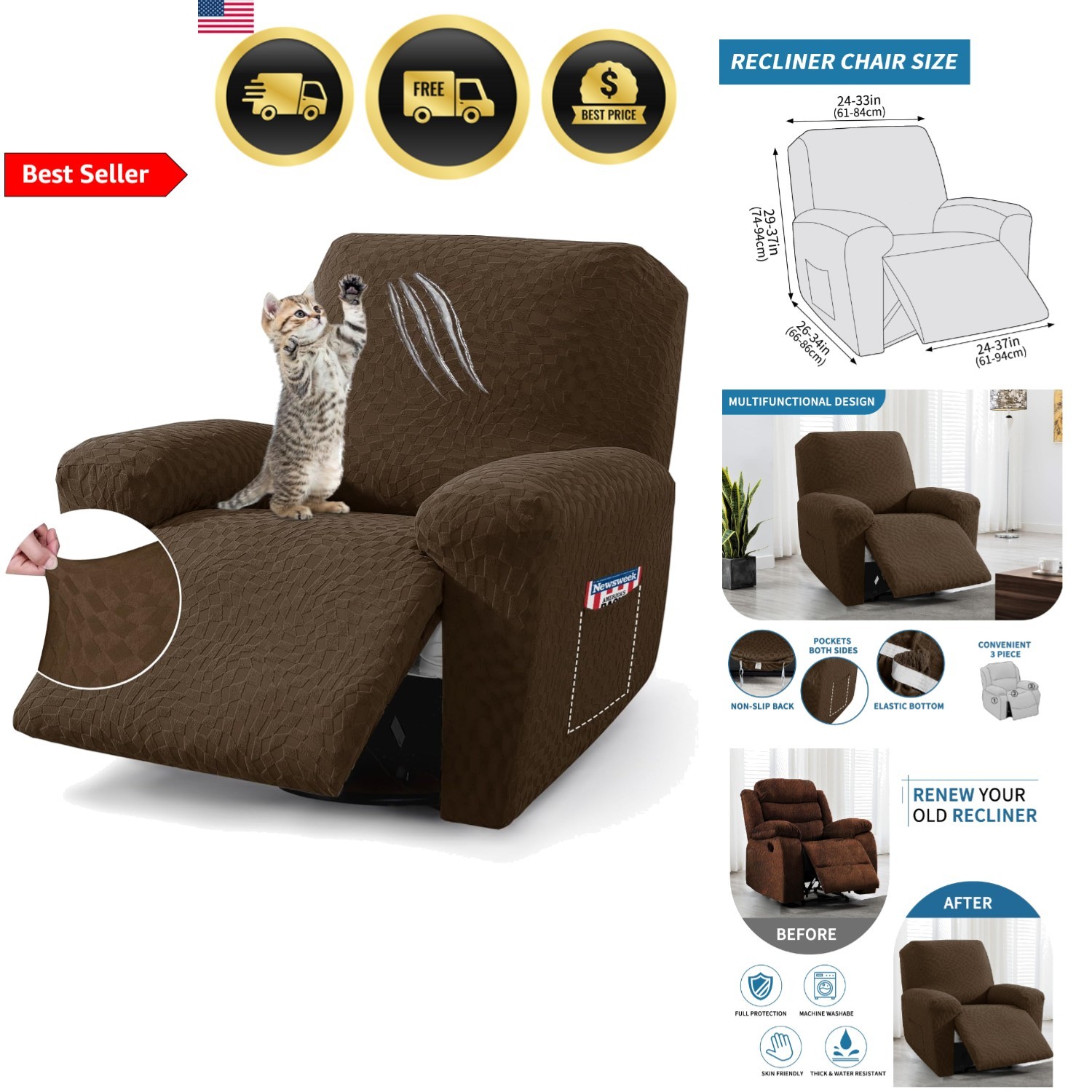 Recliner Chair Cover Stretch Fit Water Resistant Easy Install Cozy Fit