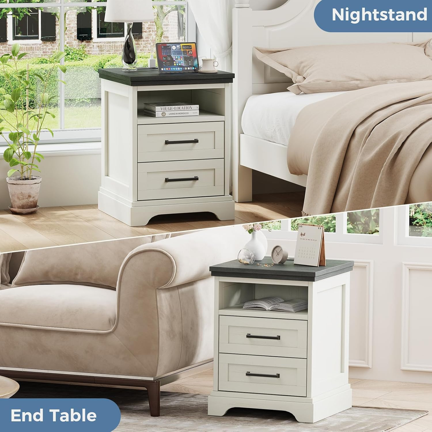 Farmhouse Nightstand with Charging Station and 2 Drawers, White End Table