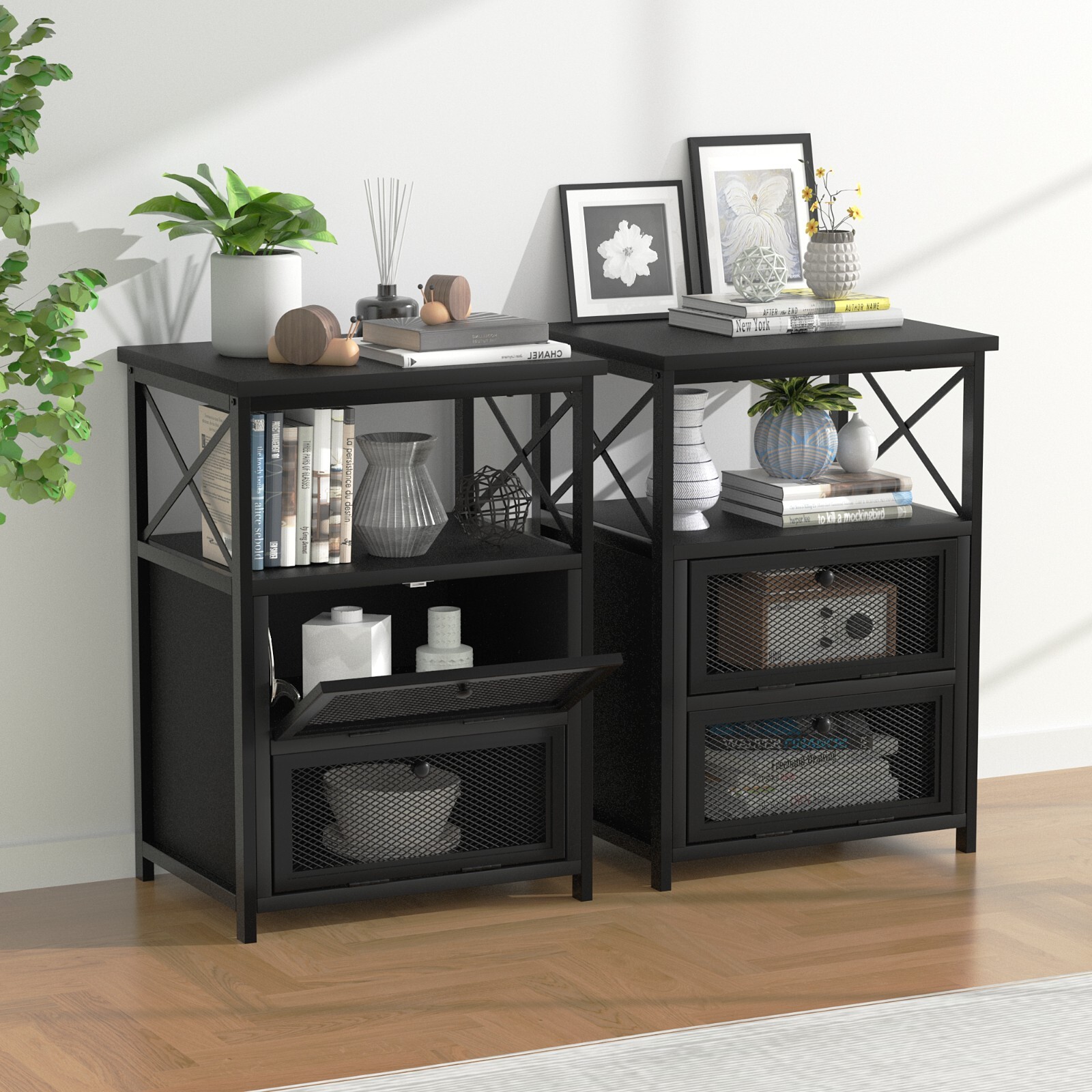 Set of 2 Classic Bedside Table Drawer Side Table Nightstand Black&Brown w/Shelf