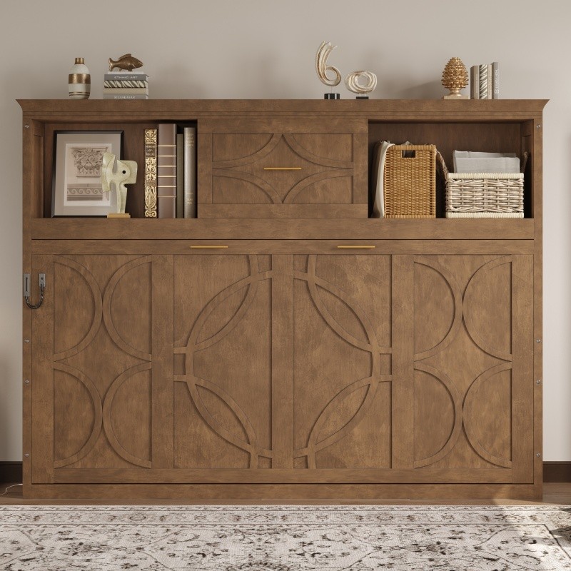 Twin Size Murphy Bed w/Charging Station & a Drawer,Wood Murphy Bed for Bedroom