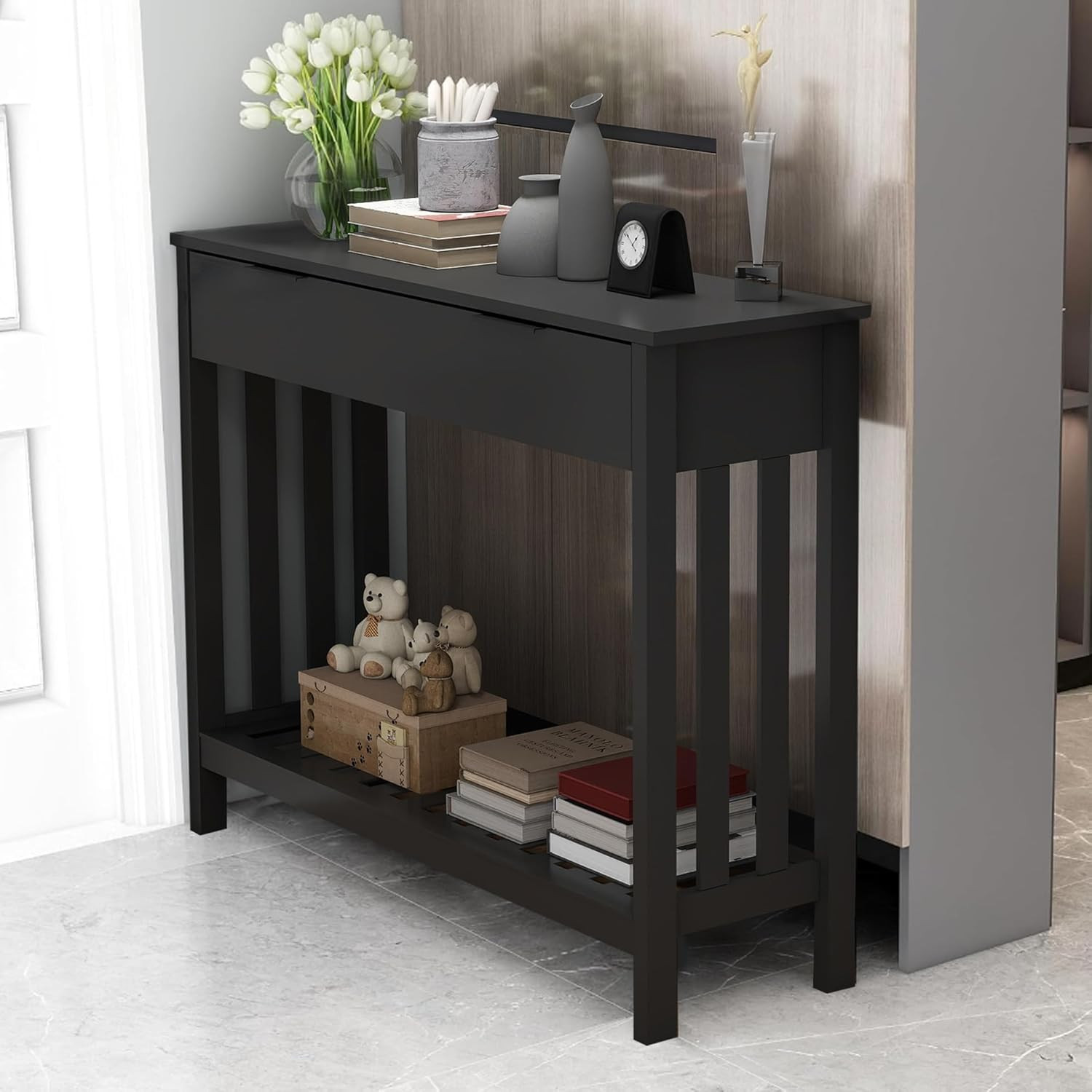 Black Narrow Console Table with Drawer Entryway Hall Table Modern Wood
