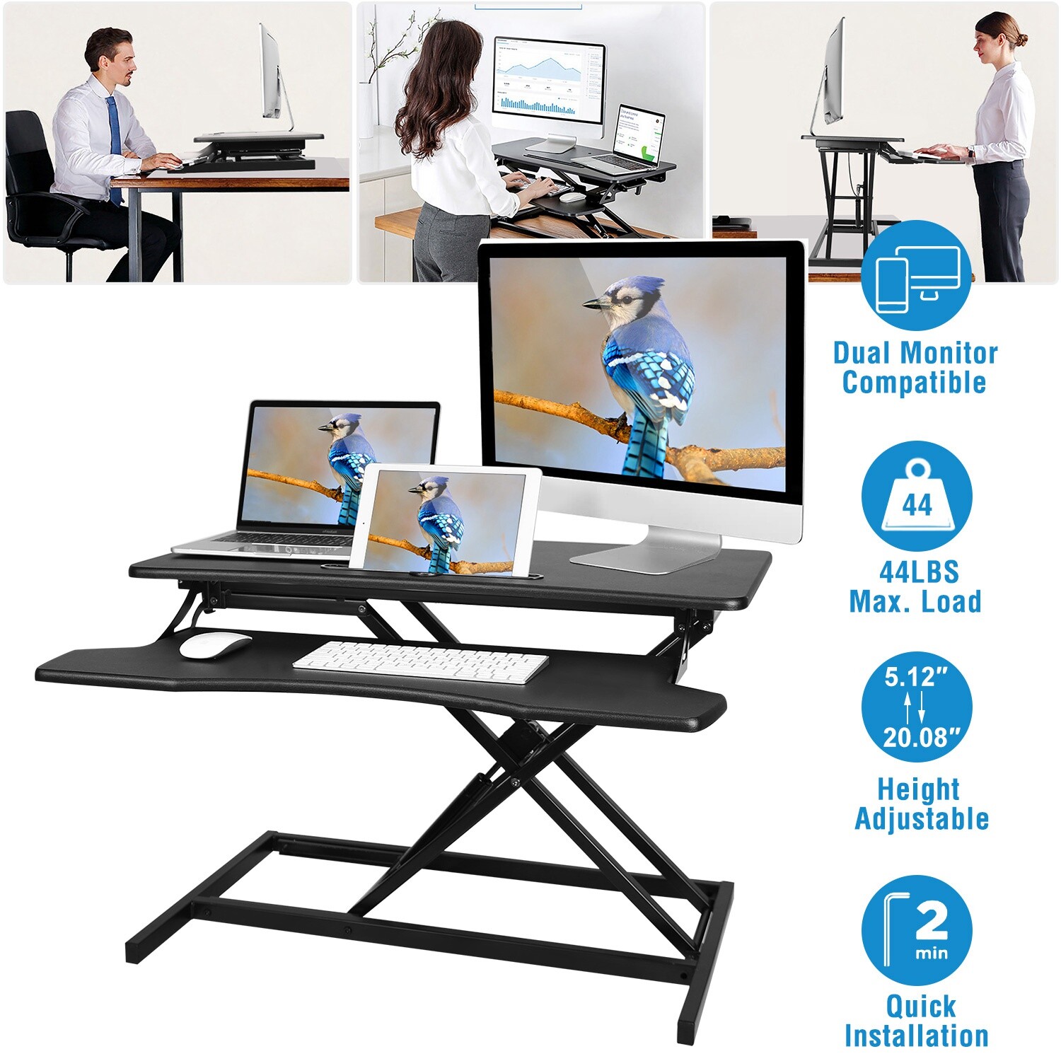 31″ Dual Monitor Adjustable Height Desk Riser Tabletop Sit to Stand Workstation