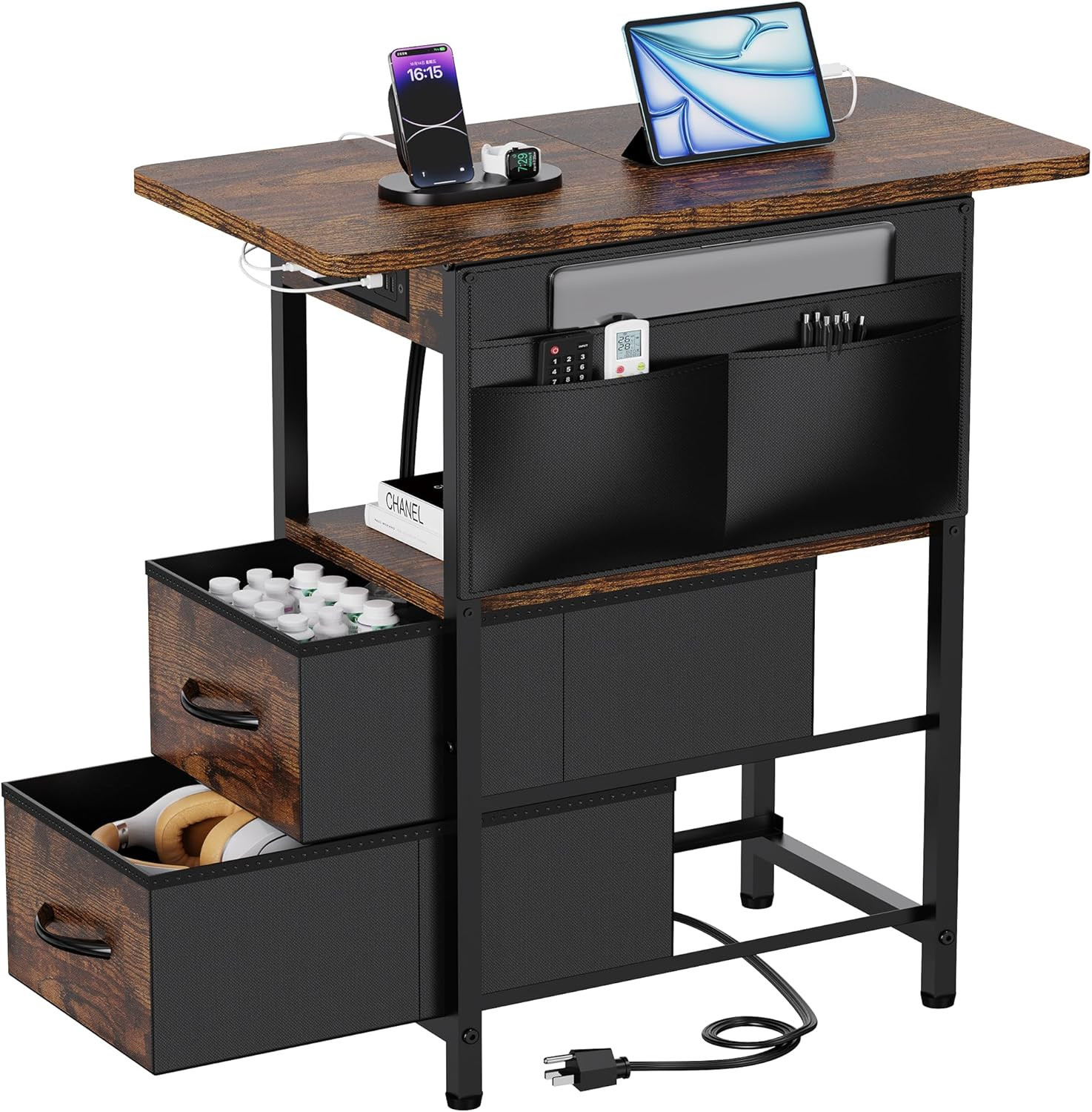 Small Side Table with Charging Station, Narrow Nightstand Bedside