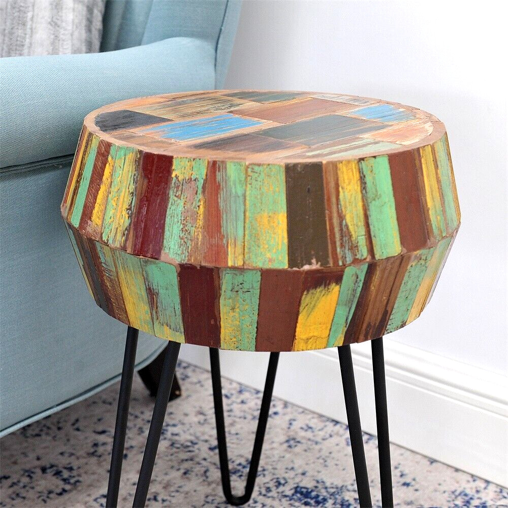Greenage Side End Table Solid Reclaimed Wood Nightstand Round 3D Round 22″ H
