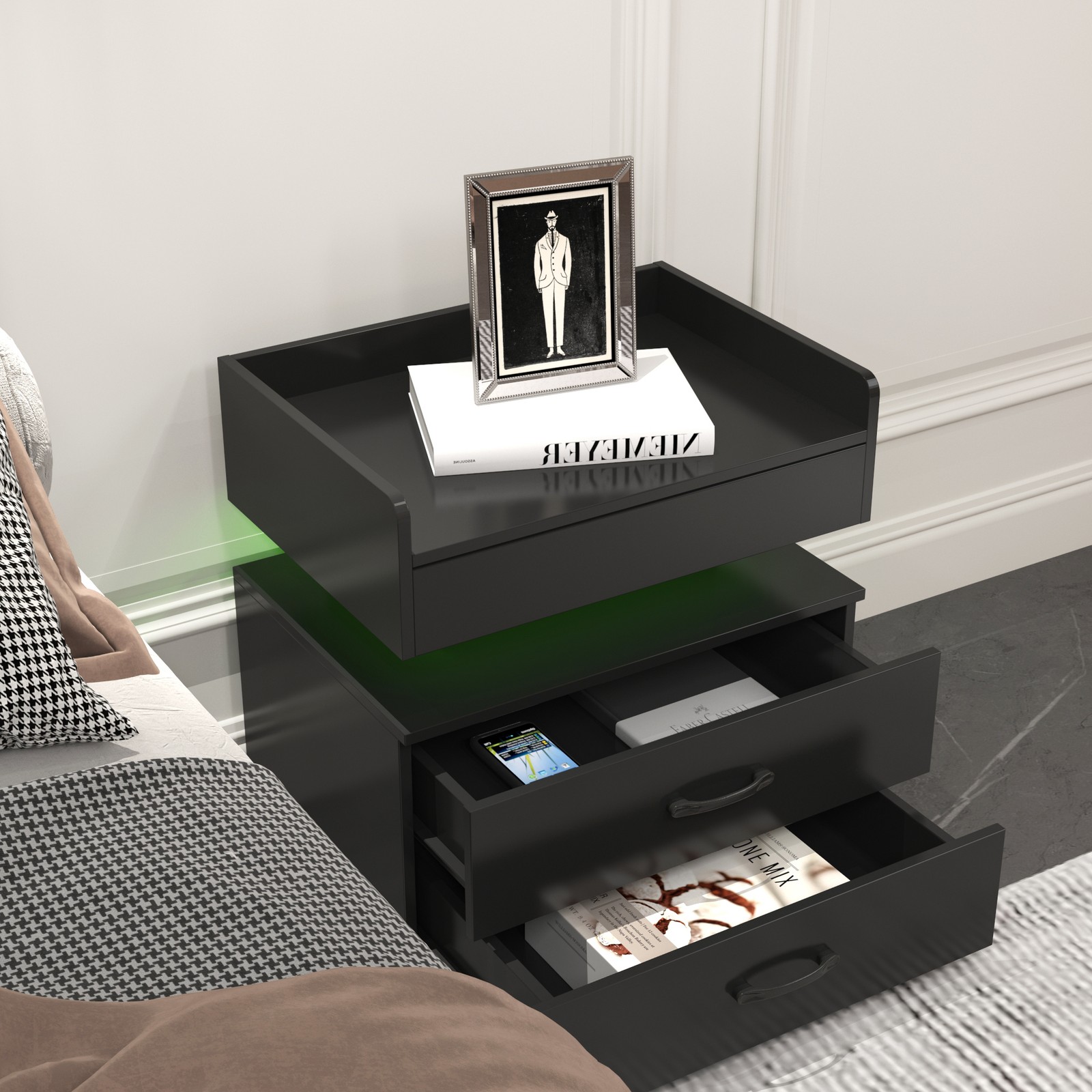 1 Set Nightstand with Adjustable LED Strip Light, 2-drawers, Large Storage Spac