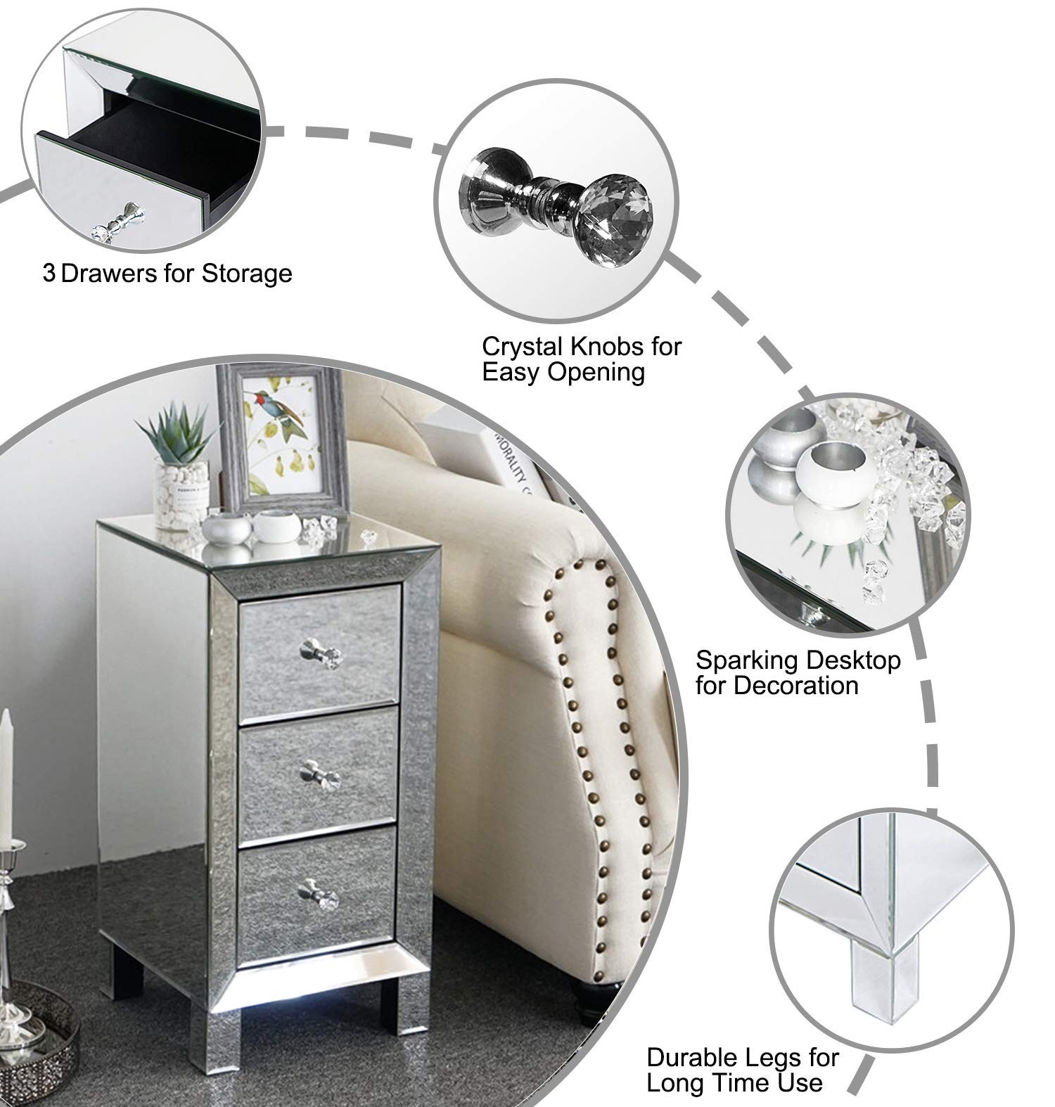 MTFY Mirrored Nightstand End Tables 13.7 in x 17.7 x 26 in, Type-15
