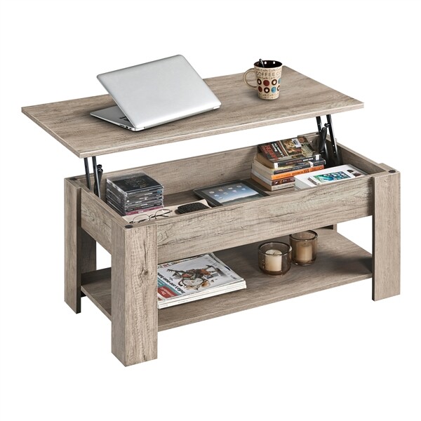 Modern Lift Top Coffee Table w/Hidden Storage & Open Shelf For Living Room Gray