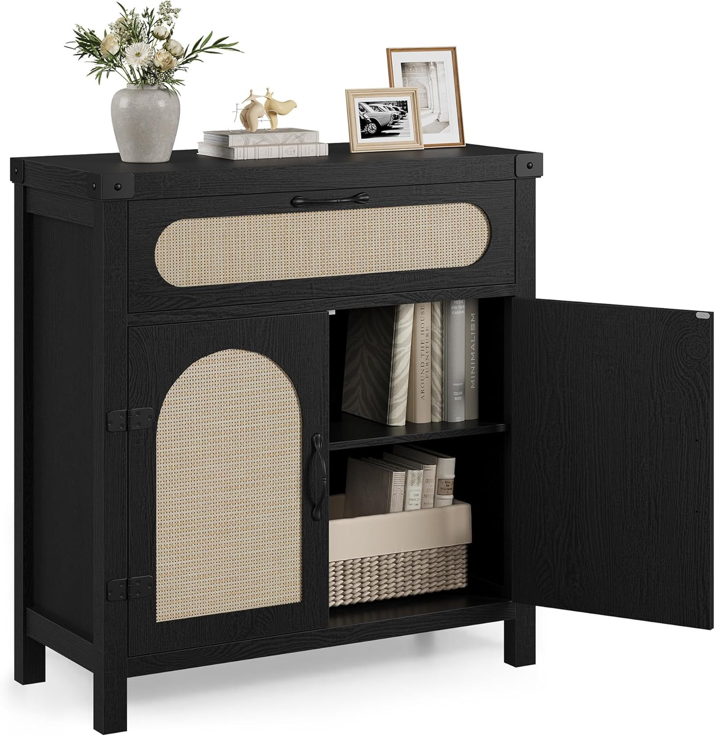 Black Rattan Sideboard Buffet Cabinet for Dining & Living Room