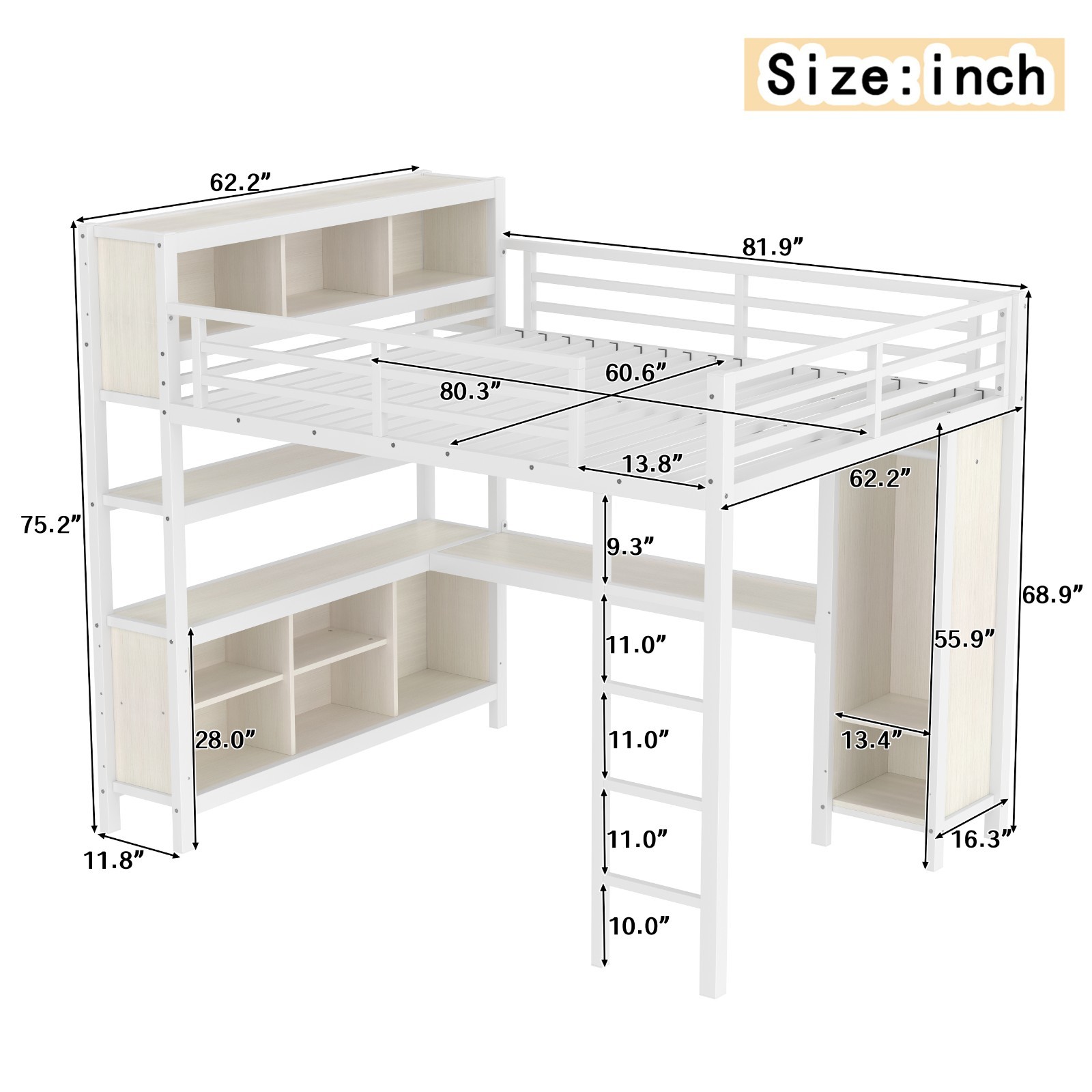 Queen Size Metal Loft Bed with Wardrobe,L-shaped Desk,Storage Cubes and Shelves