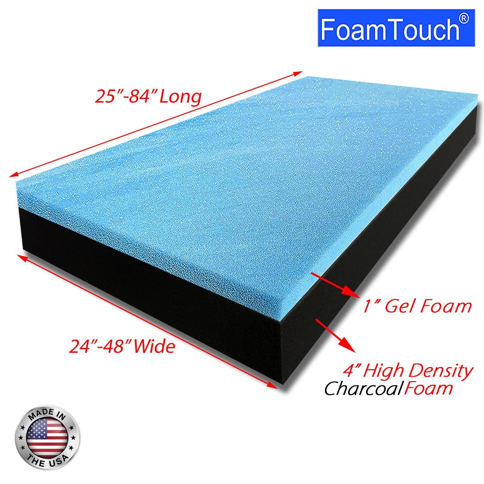 FoamTouch 5″ Gel Memory Foam RV Mattress Custom Cut 24-48 Wide 25-84 Long Black