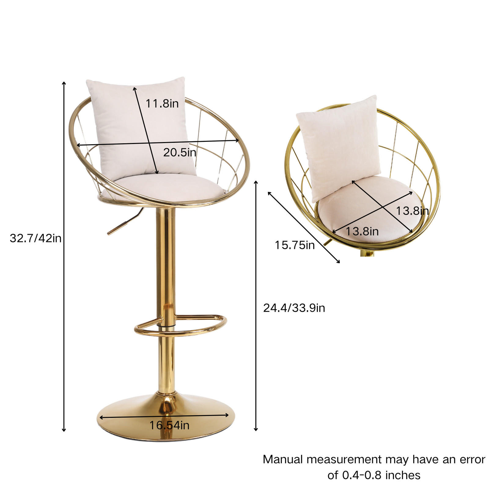 Off-White Velvet Bar Chair, 360 Degree Rotation, Adjustable Height, Set of 2