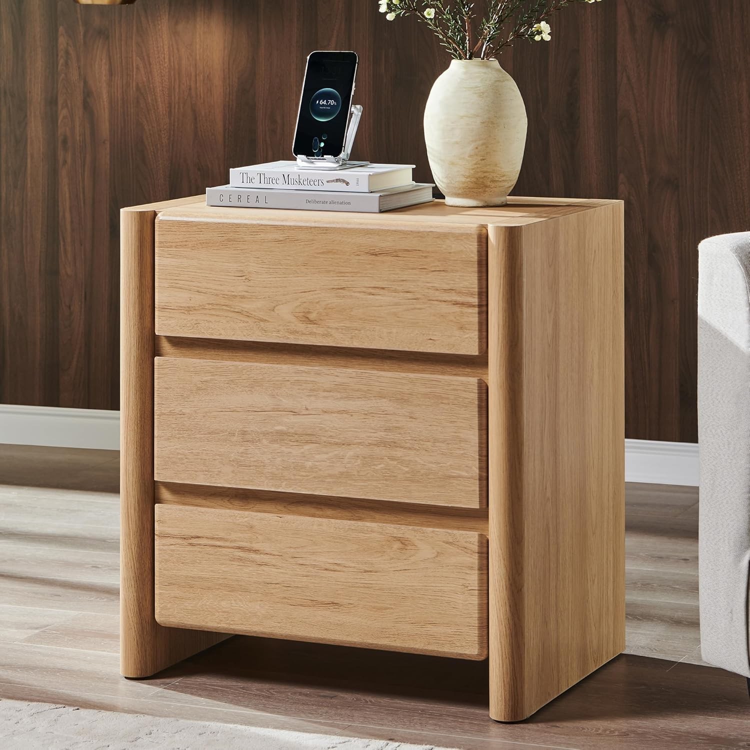 25″ Tall Modern Nightstand with Charging Station, 23.6″ W Night Stand with 3