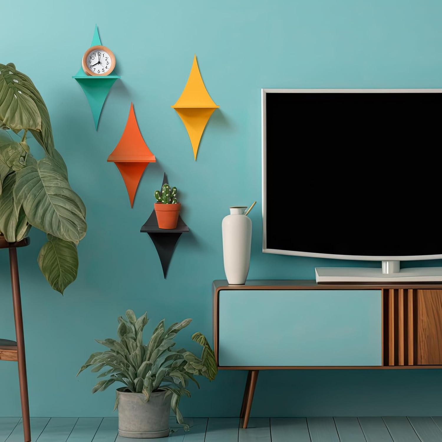 Mid-Century Modern Wall Set of 4 Colorful Floating Display Shelves Retro Style S