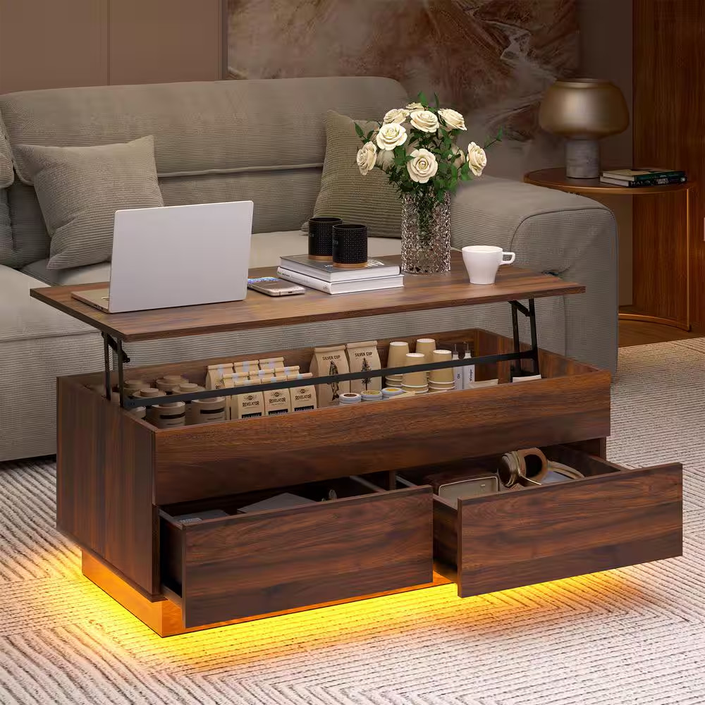 40.16 In. Walnut Rectangle Particle Board Lift Top Coffee Table with RGB LED Lig