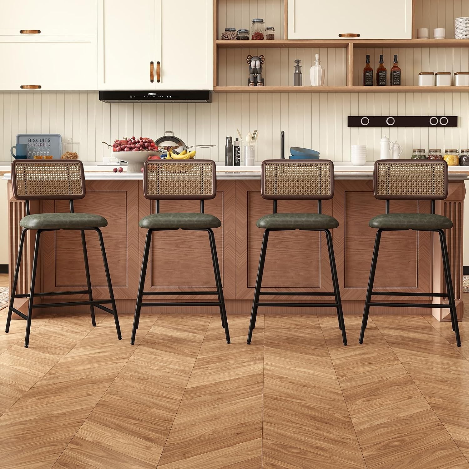 Bar Stools Set of 4 26″ Modern Rattan Counter Height Bar Stools with Metal Legs