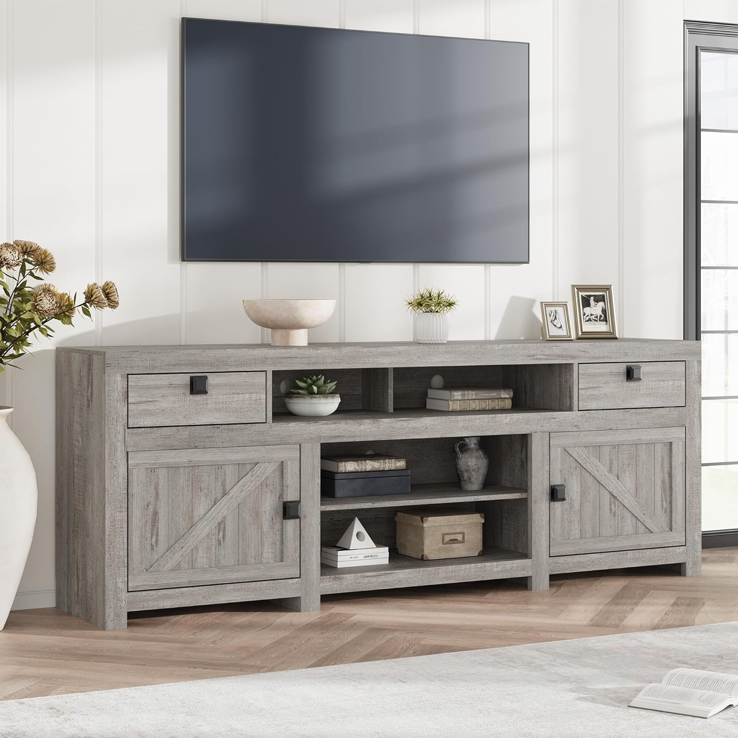 Farmhouse TV Stand for 75/80 Inch TVs with Storage Drawers & Open Shelves