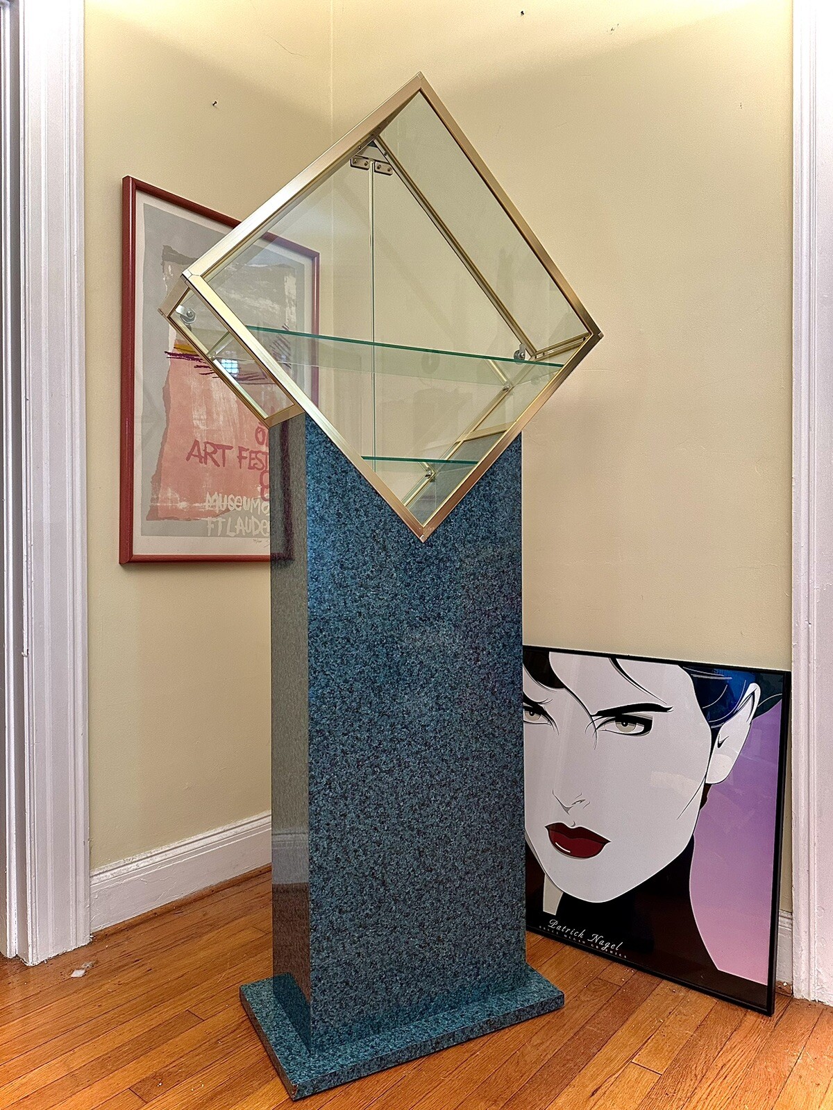 Postmodern display cabinet Pomo Money Green Faux Marble Glass Brass W 2 Keys
