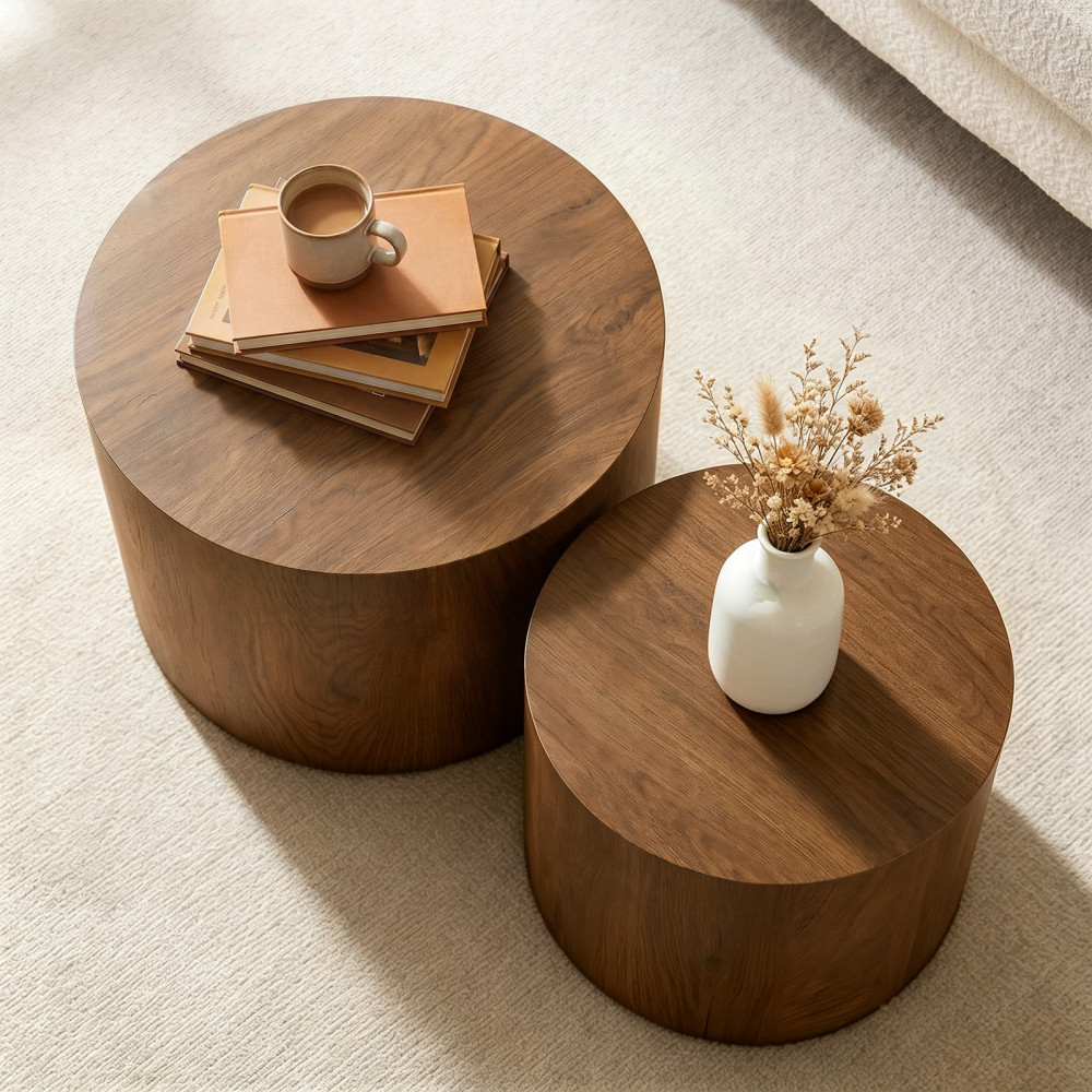 Nesting Coffee Table Set of 2, Modern Round Coffee Table with Non-Slip Feet
