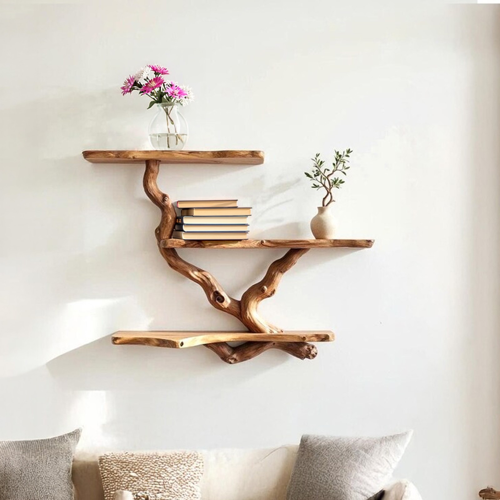 Bookshelf tree branch driftwood floating shelves wall mount solid wood bookshelf