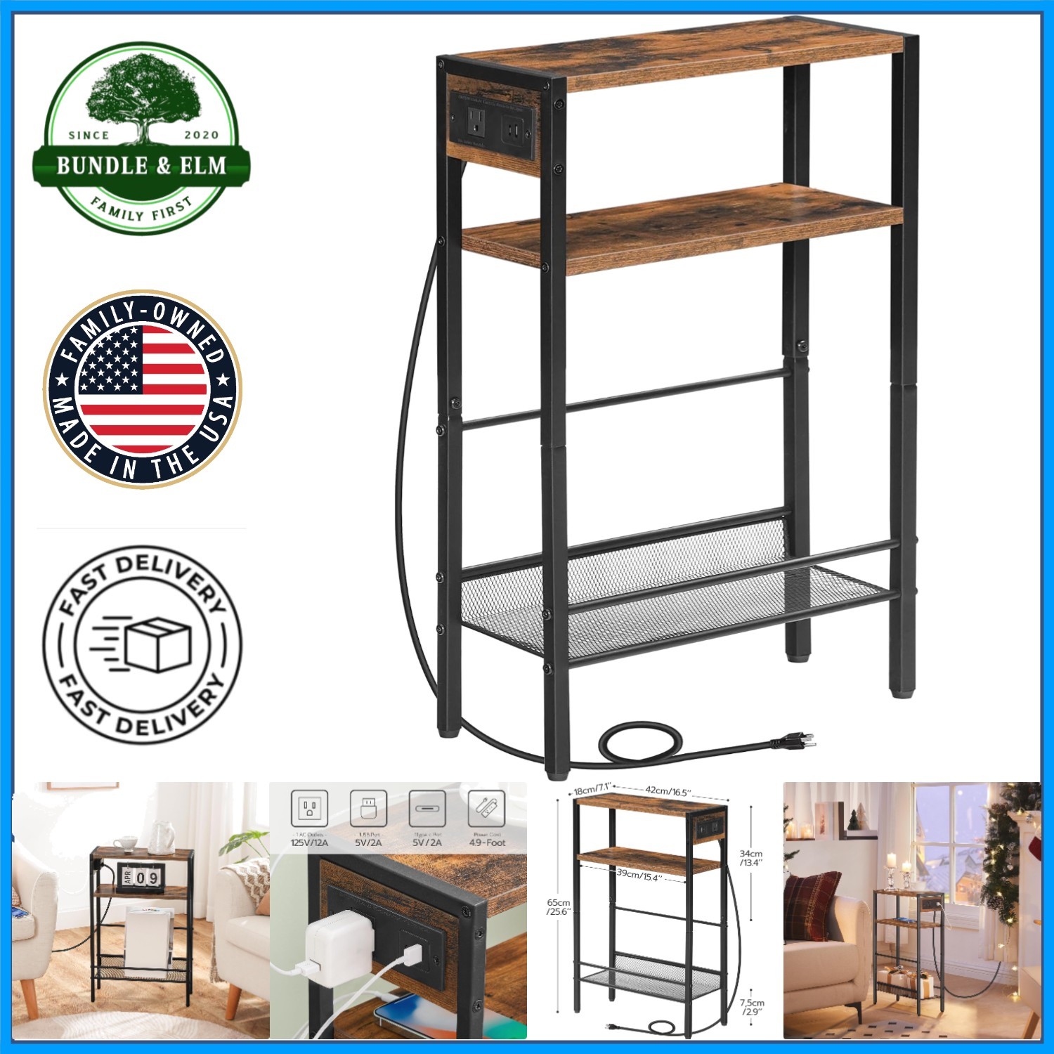 Rustic Brown and Black End Table with Charging Station for Small Spaces
