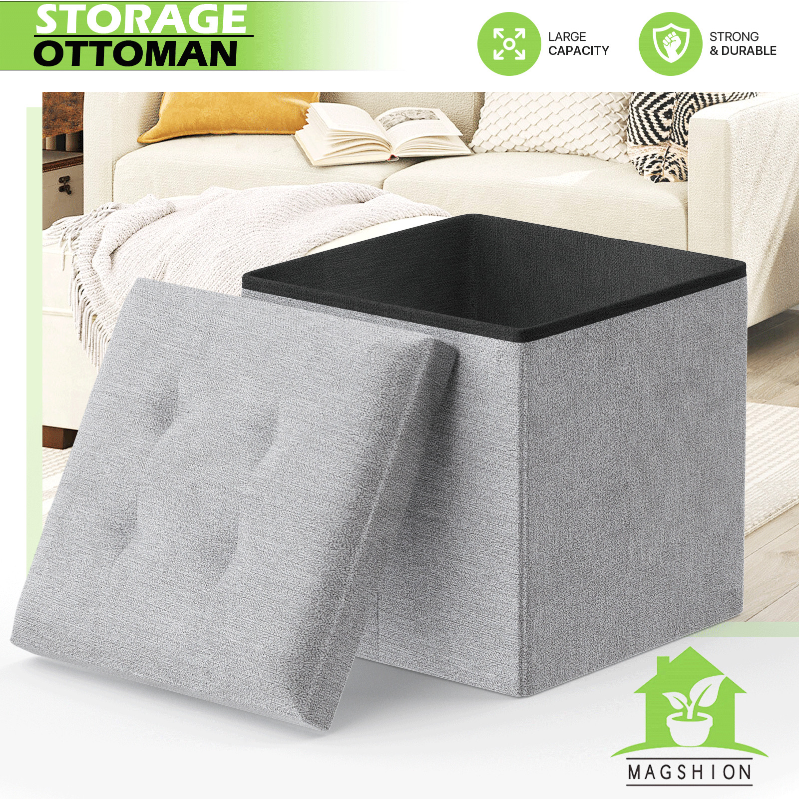 15 in Light Gray Foldable Storage Ottoman Foot Stool Bench Chest w/Flipping Lid