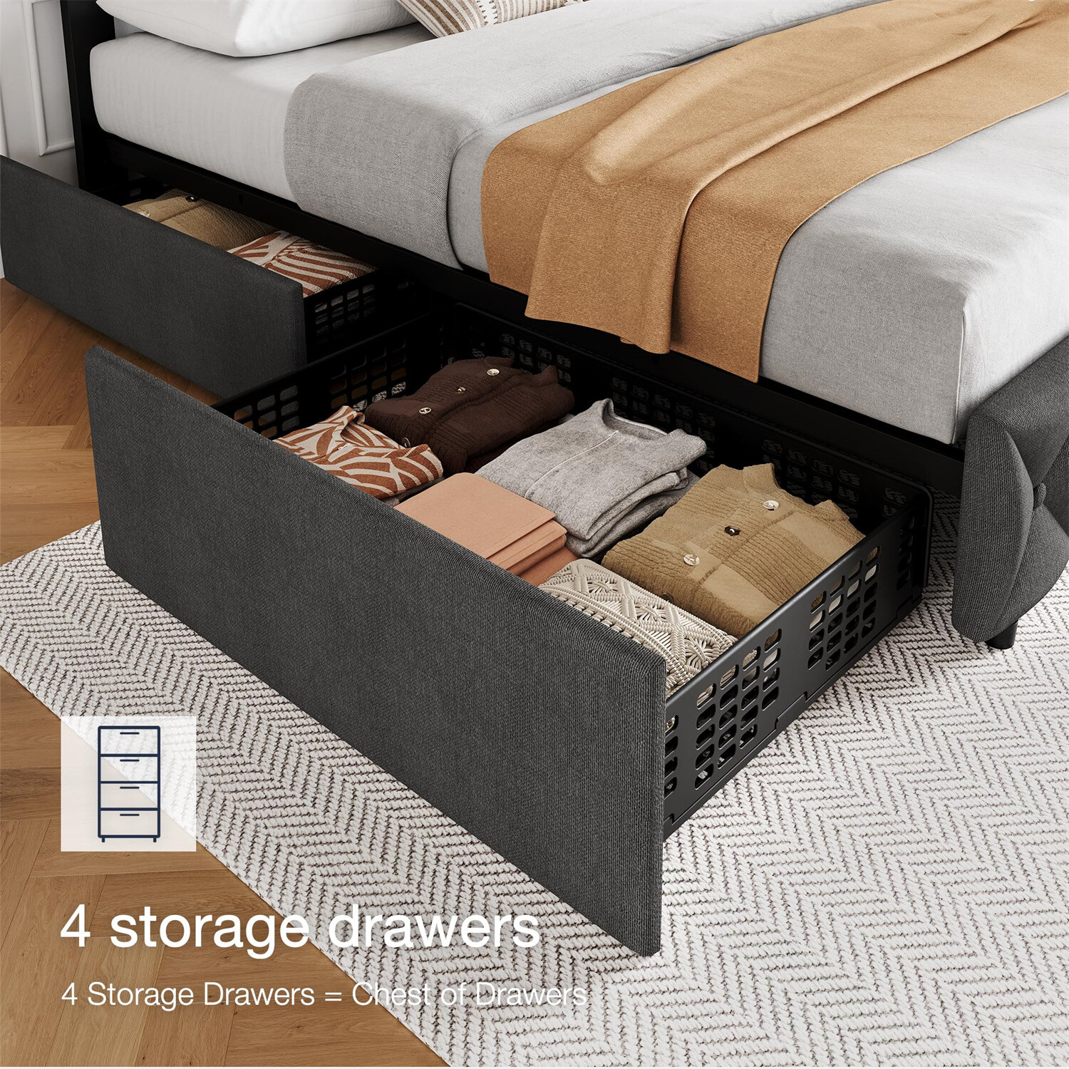 4 Storage Drawers and Headboard Queen Bed Frame Upholstered Platform Bed Frame T