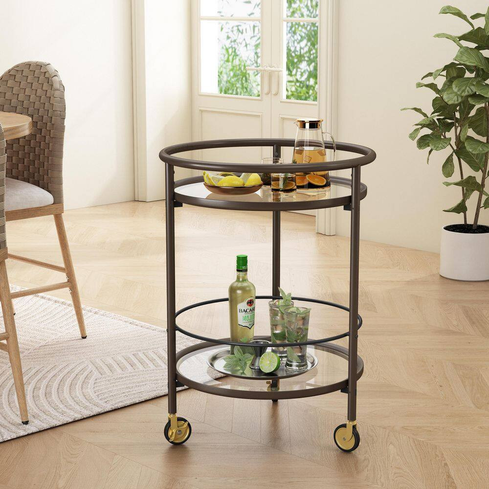 Pleasure 23.75 In. W 2-Tiered Brown round Metal Bar Cart with Tempered Glass She