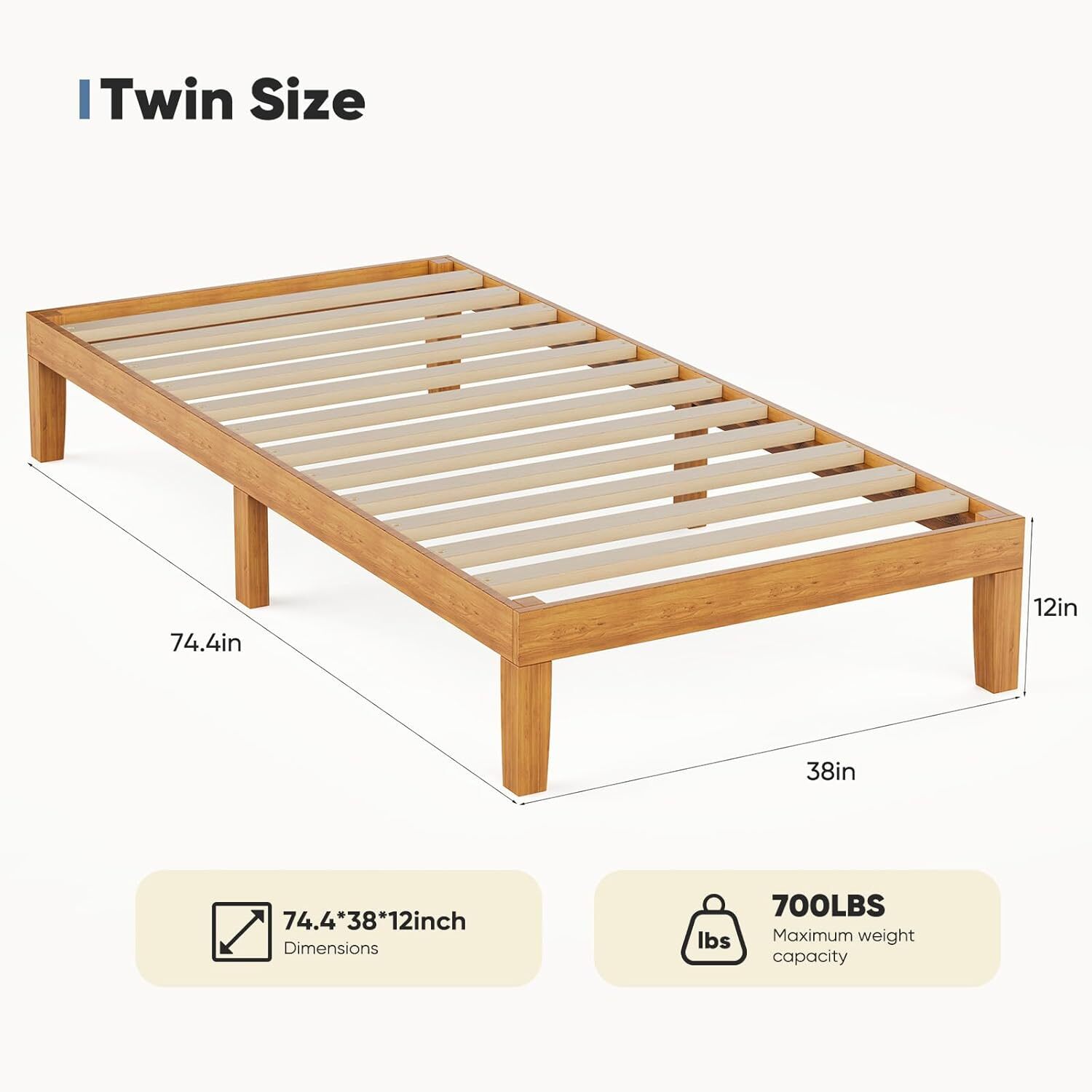 Twin Full Queen King Wood Bed Frame 12in Wooden Platform Bed with Support Slats