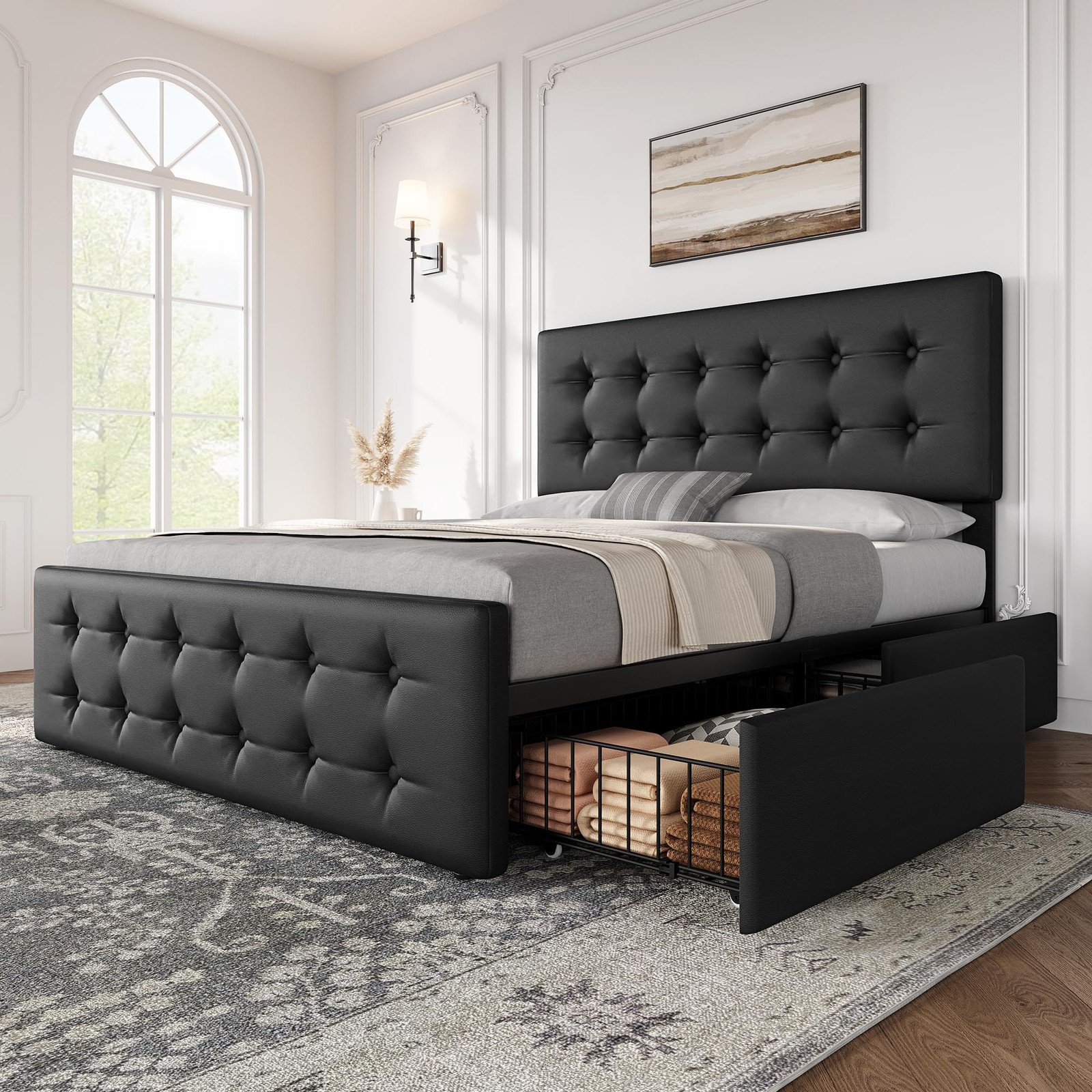 Full Size Bed Frame with 4 Storage Drawers and Headboard, Faux Leather Uphols…