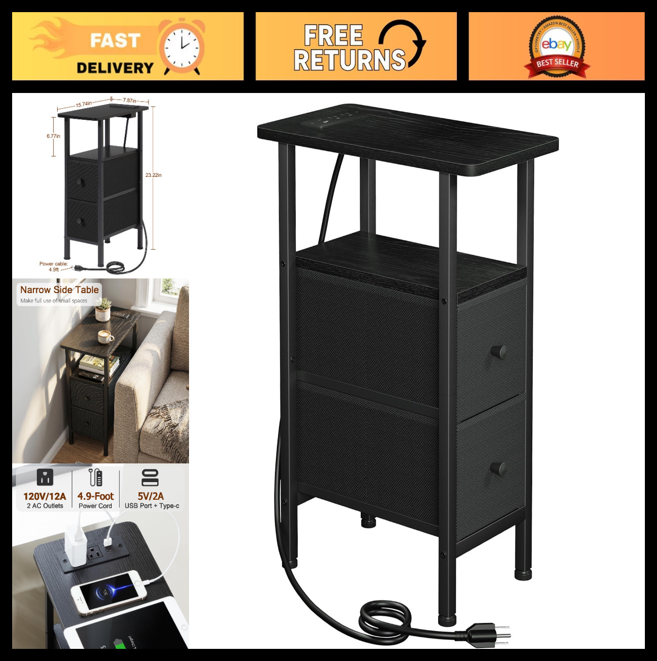 Slim Narrow End Table with Charging Station & Fabric Drawers – Small Space Night