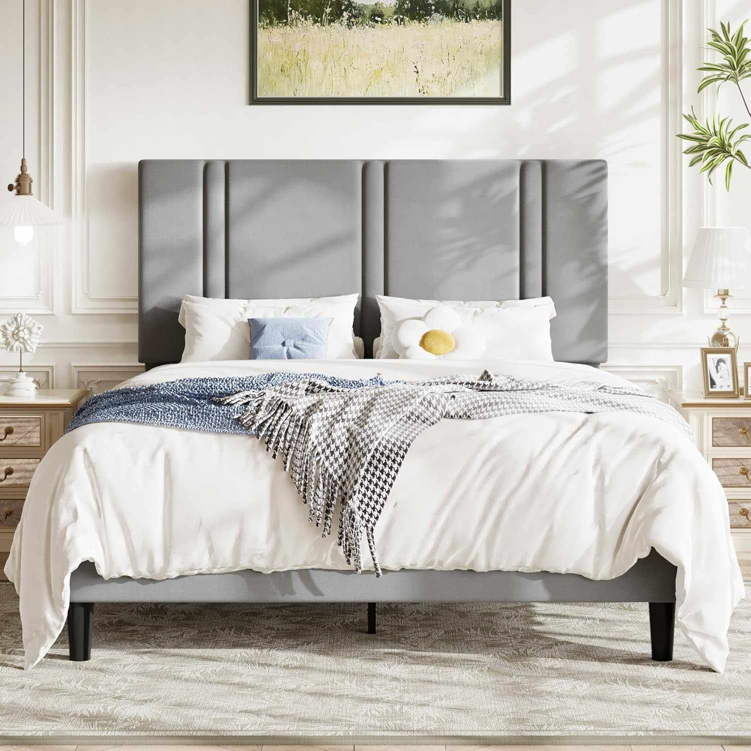 Queen Velvet Platform Bed Frame with Adjustable Headboard, Grey