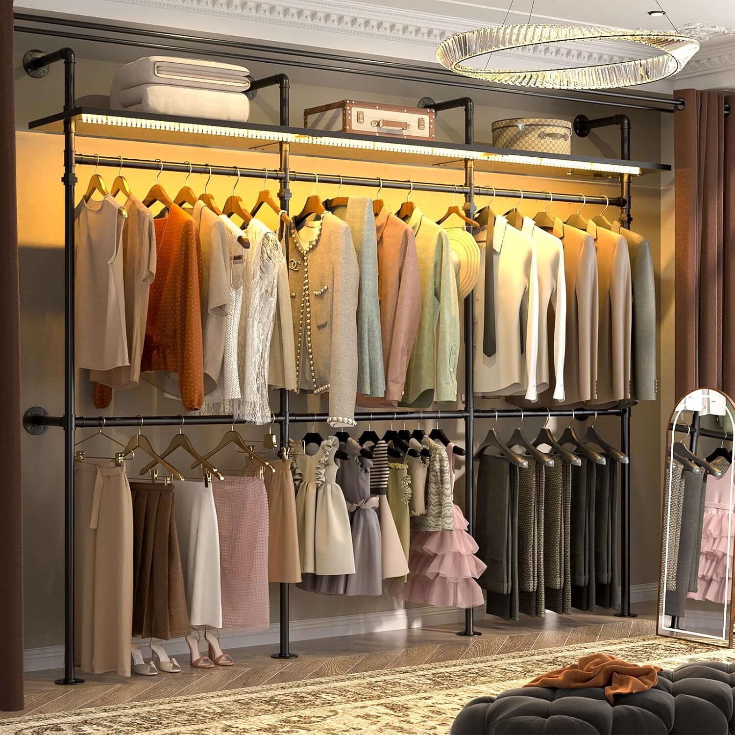 10FT Industrial Pipe Clothing Rack, Heavy Duty Wall Mounted Closet Wardrobe Rack