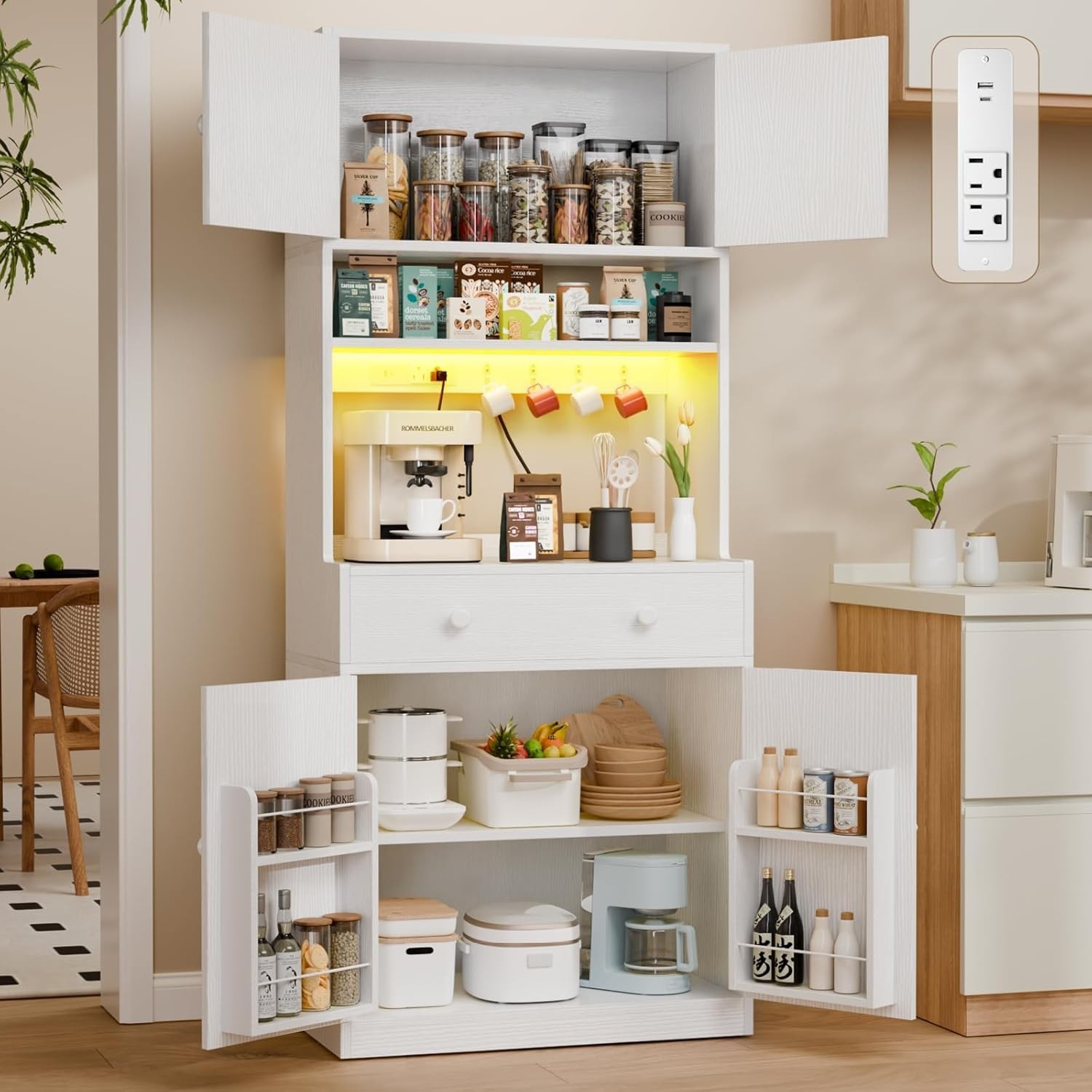 71 Tall Kitchen Pantry Storage Cabinet W Power Outlet & LED Light Freestanding