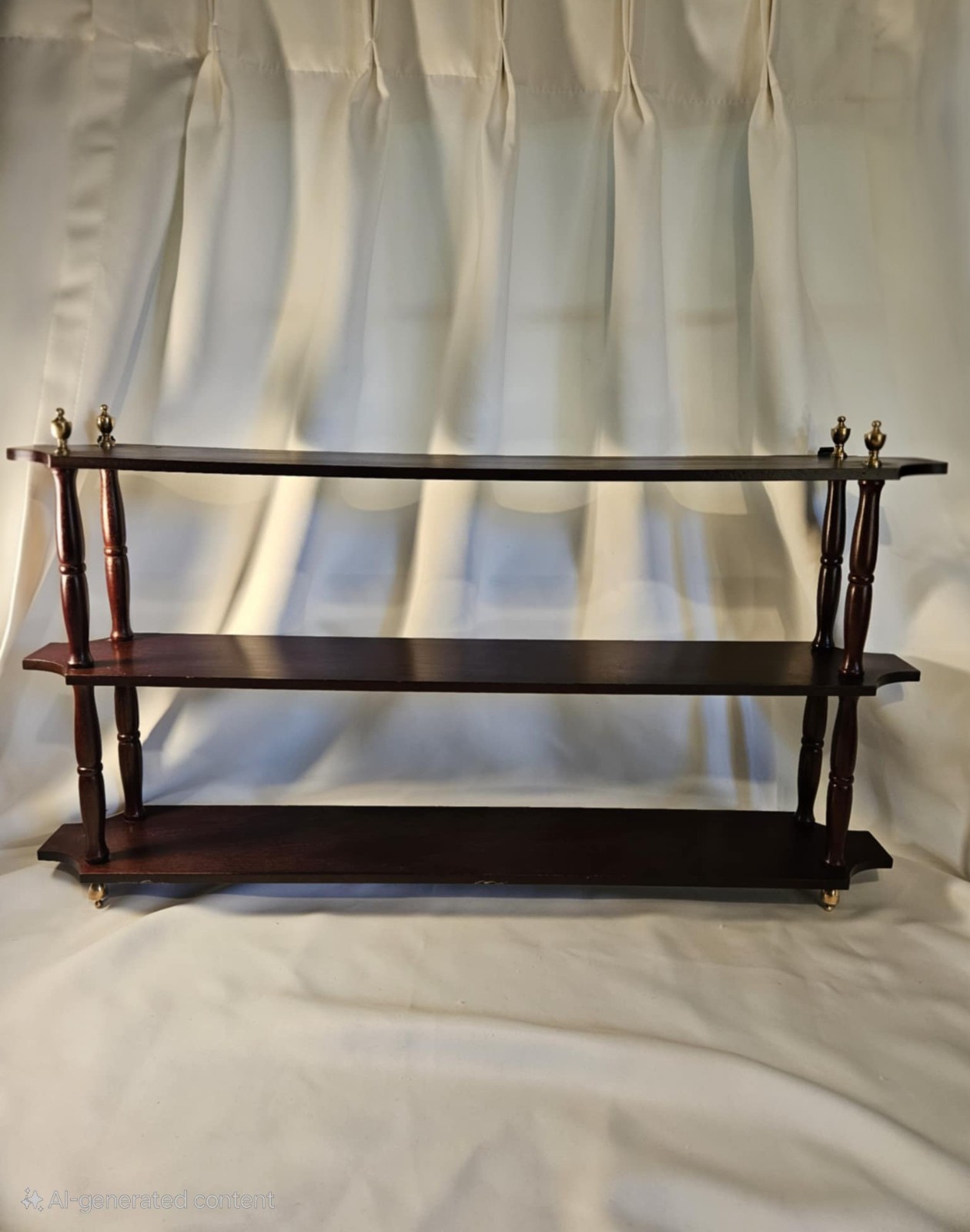 Vtg Georgian Mahogany Trinket Display Shelf W/8 Solid Brass Finials Wall Mounted