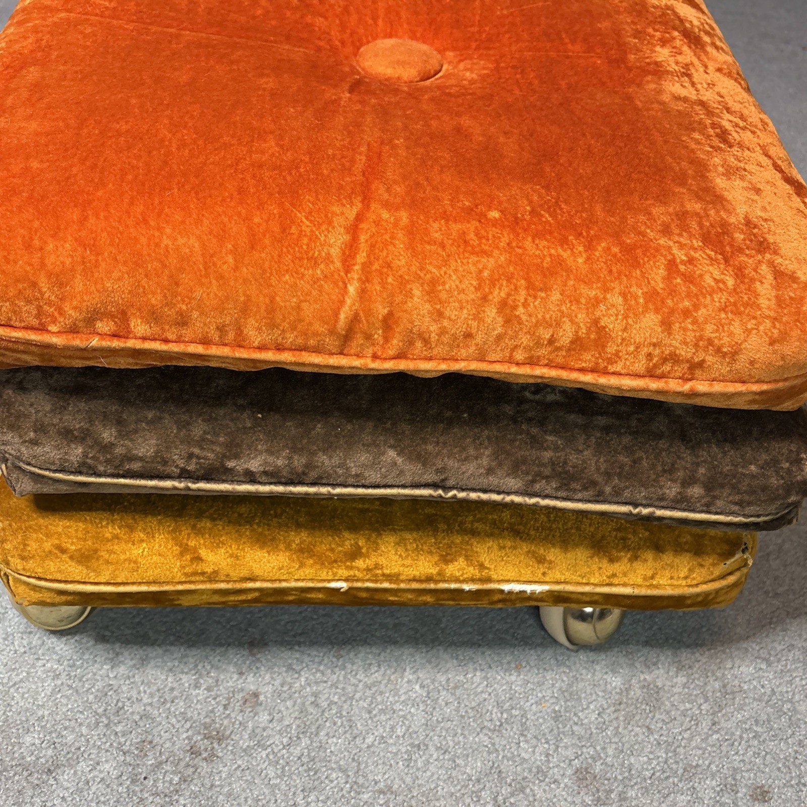 Vtg Mid Century Pillow Ottoman on Wheels Green Orange Gold Velvet Velour MCM