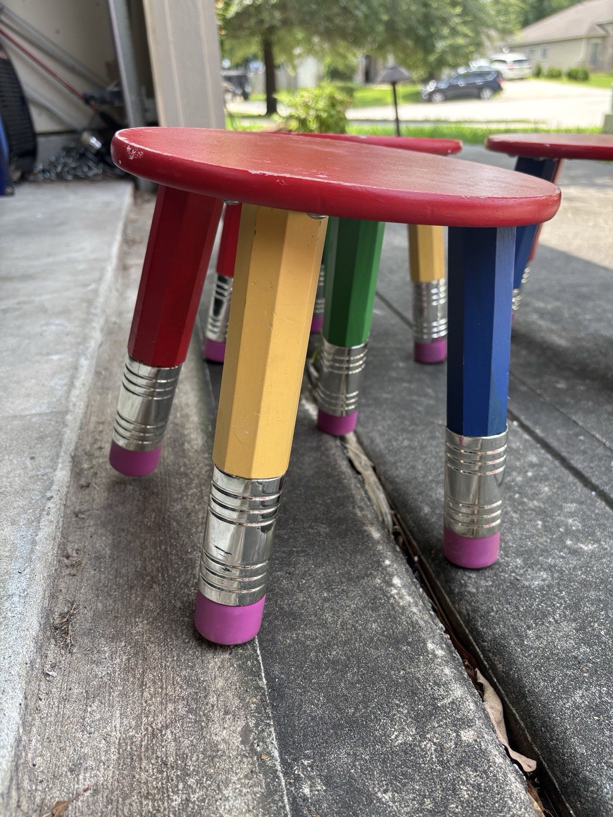 Vintage 1980s 90s Pierre Sala Pencil Wood Multicolored Stool Kids Chair Set Of 4
