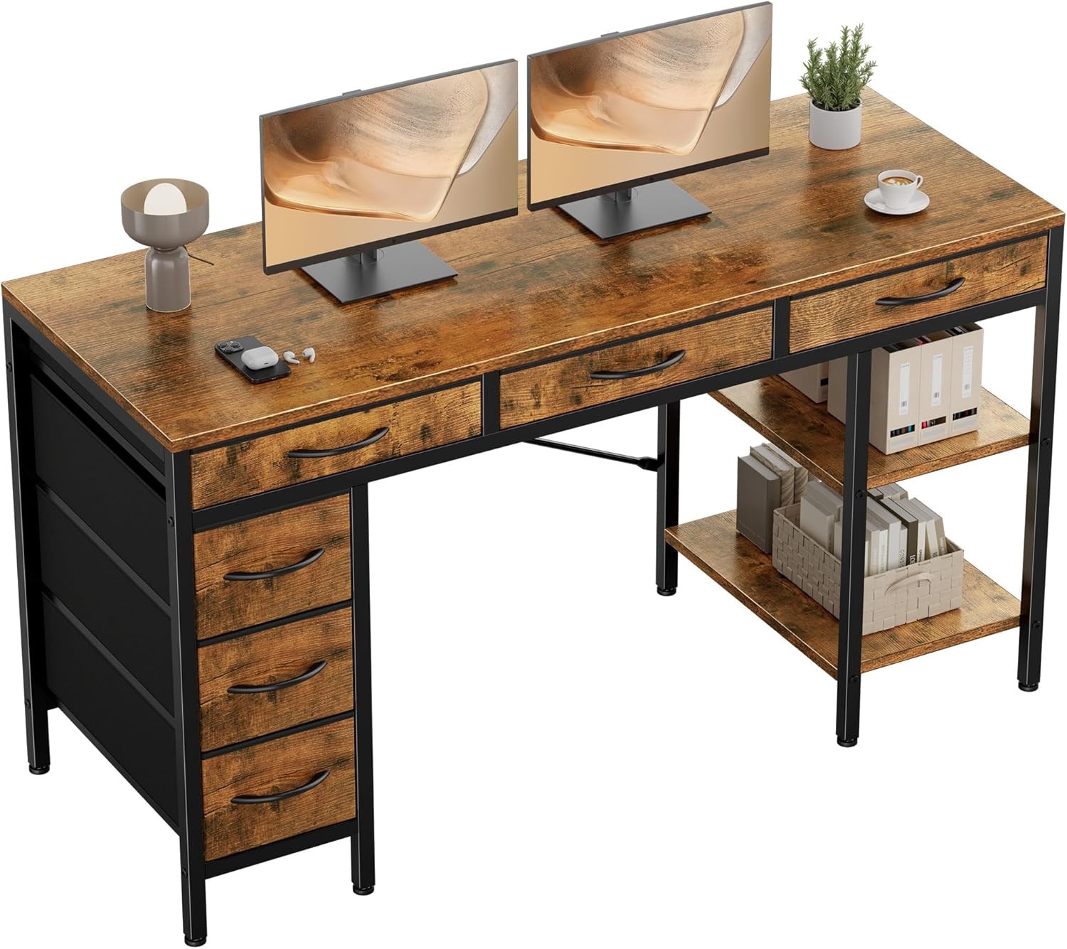 47-55″ Computer Desk with 6 Drawers Home Office Gaming Desk with Storage Shelves