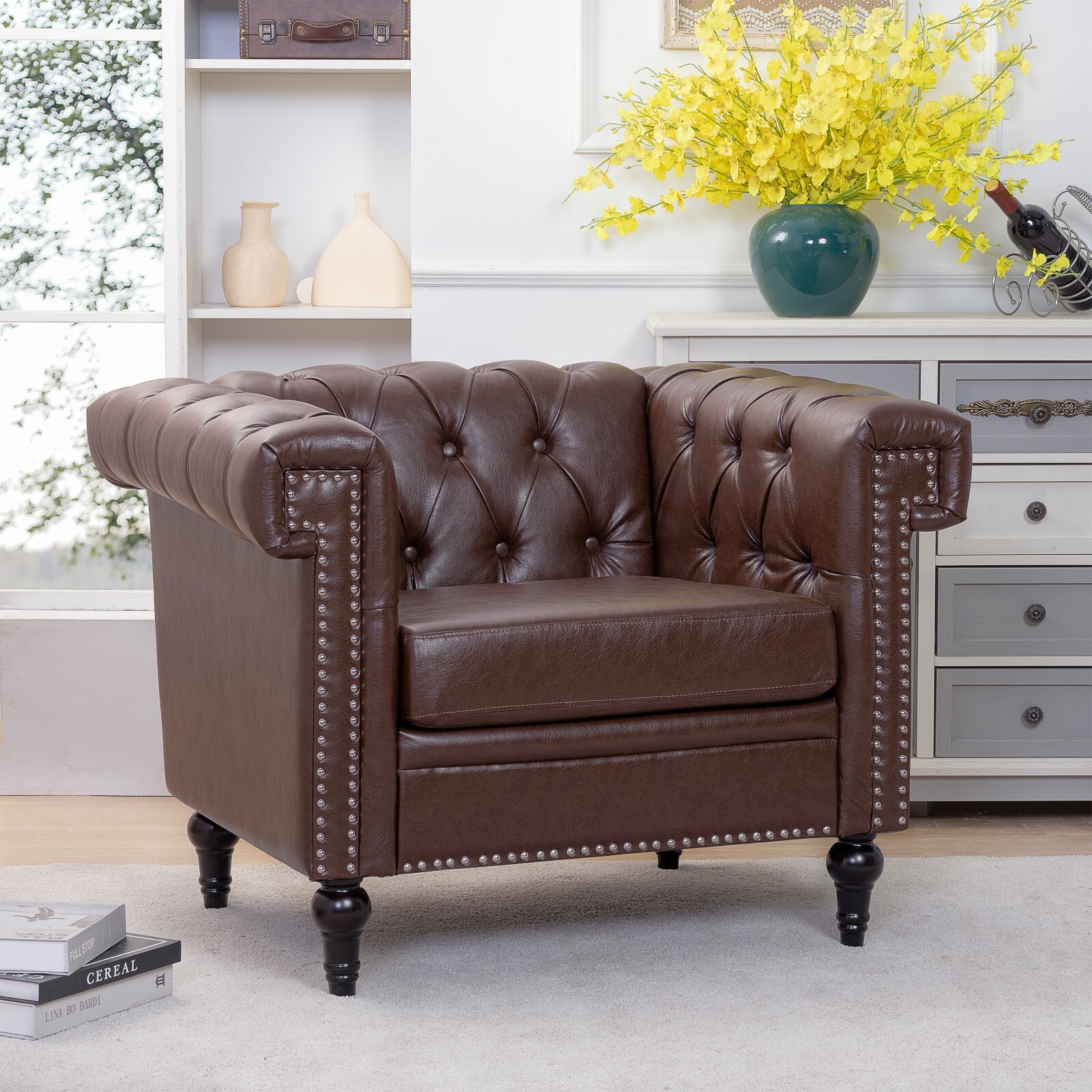 Faux Leather Sofa Tufted Single Couch Armchair with Removable Cushion Square Arm