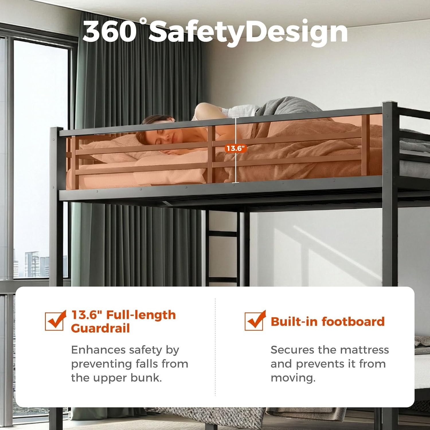 Heavy Duty Queen over Queen Metal Bunk Bed with Ladder & Guardrails – Black