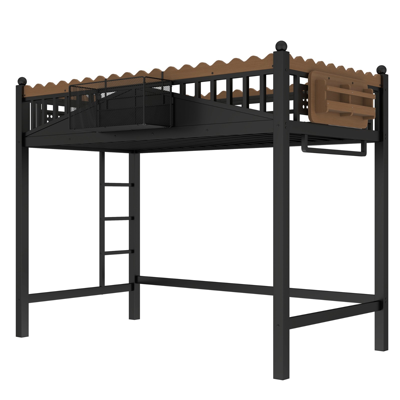Twin XL Size Metal Loft Bed with Ladders, Storage Shelves and Bookshelf Black