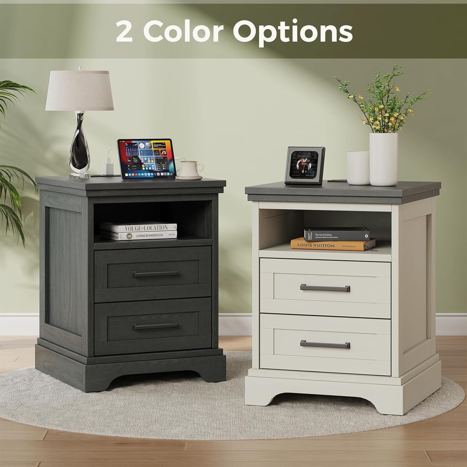 Farmhouse Nightstand with Charging Station and 2 Drawers, White End Table