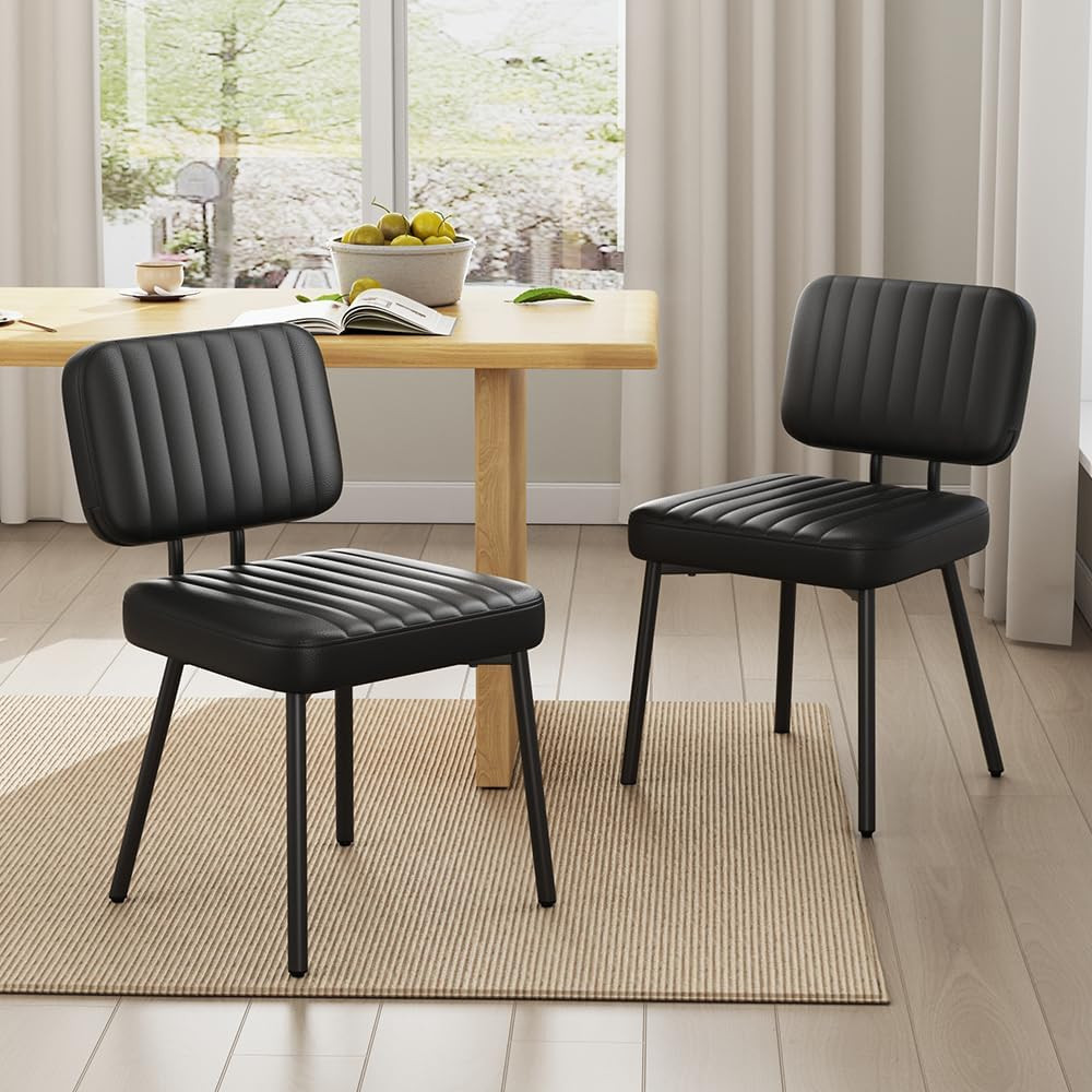 Set of 2 Mid Century Modern Dining Chairs – Black Faux Leather & Metal Legs