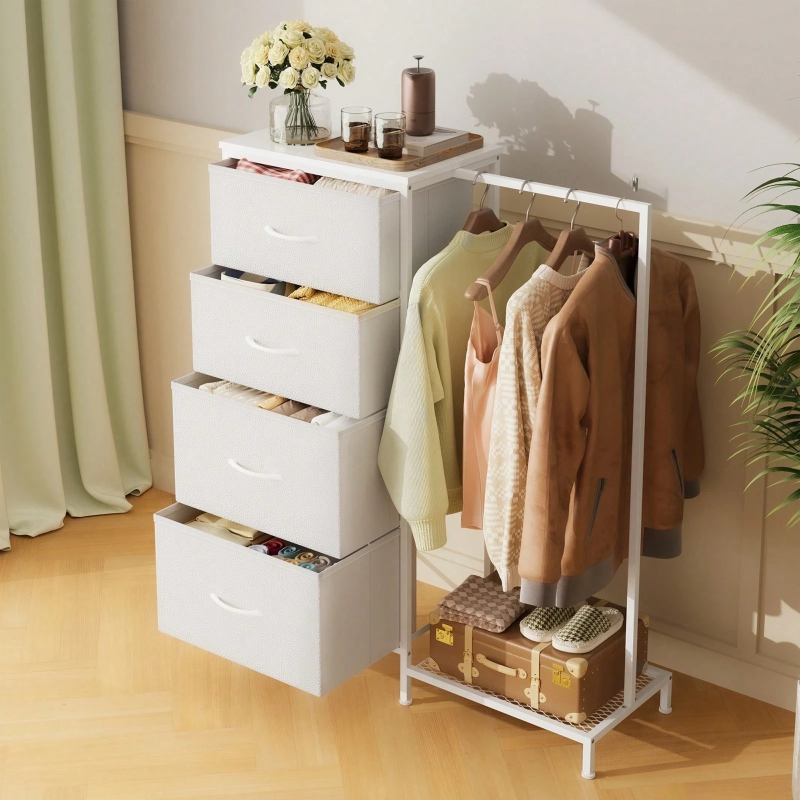 White Kids Dresser With Clothes Rack 4 Fabric Drawers Storage Organizer Room